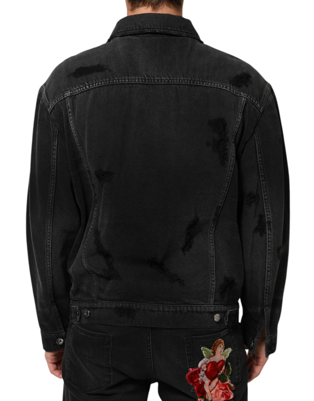 Veste blouson en denim stretch en coton noir de Dolce & Gabbana, vue de face, détails du style et de la coupe.