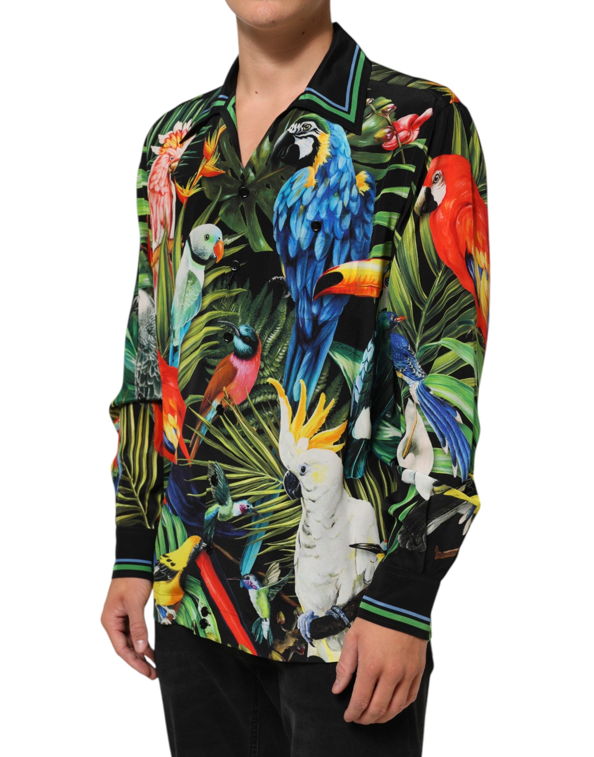 Chemise décontractée Dolce & Gabbana à imprimé perroquet multicolore, style lounge et casual, vue de face.