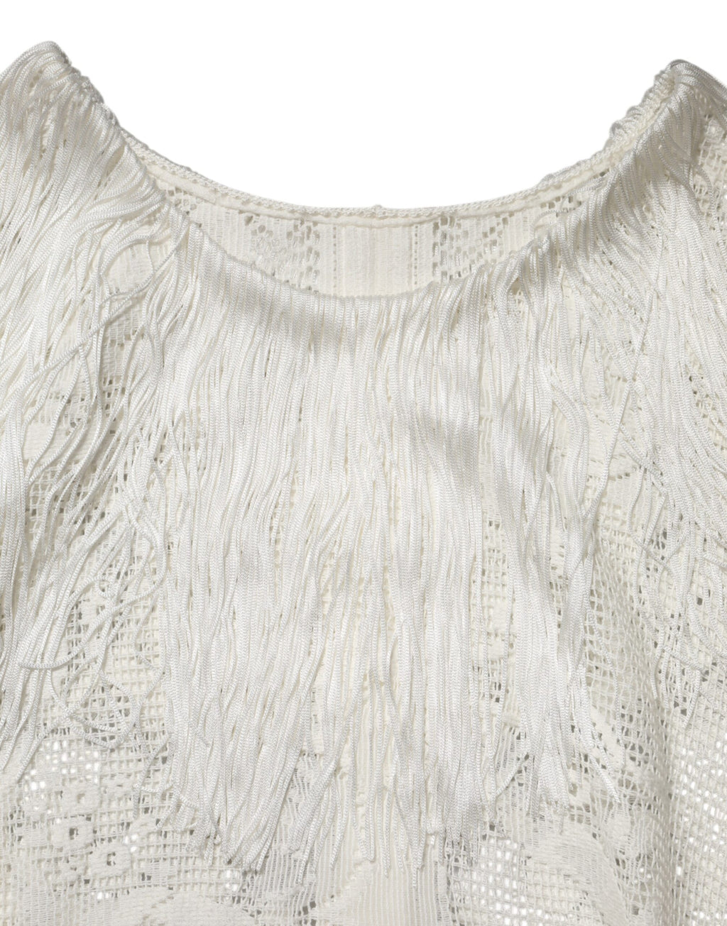 Robe longue blanche en dentelle florale et franges, de longueur genou, signée Dolce & Gabbana, avec détails élégants et sophistiqués.