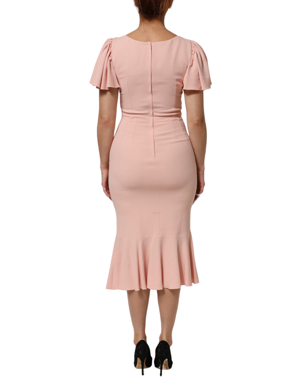 Robe midi évasée en viscose rose de Dolce & Gabbana, coupe ajustée et fluide, élégante et sophistiquée.