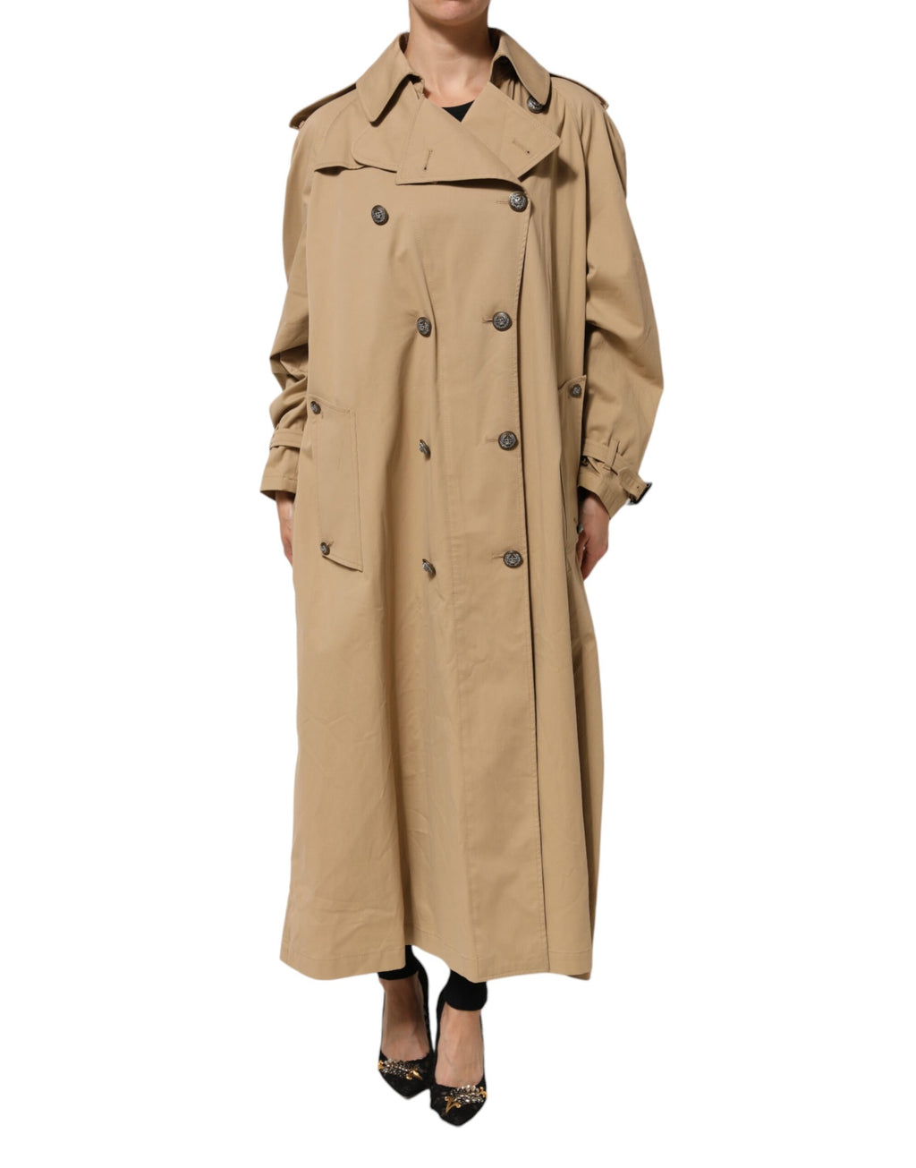 Manteau trench kaki à double boutonnage Dolce & Gabbana, veste élégante avec col et ceinture, vue de face.