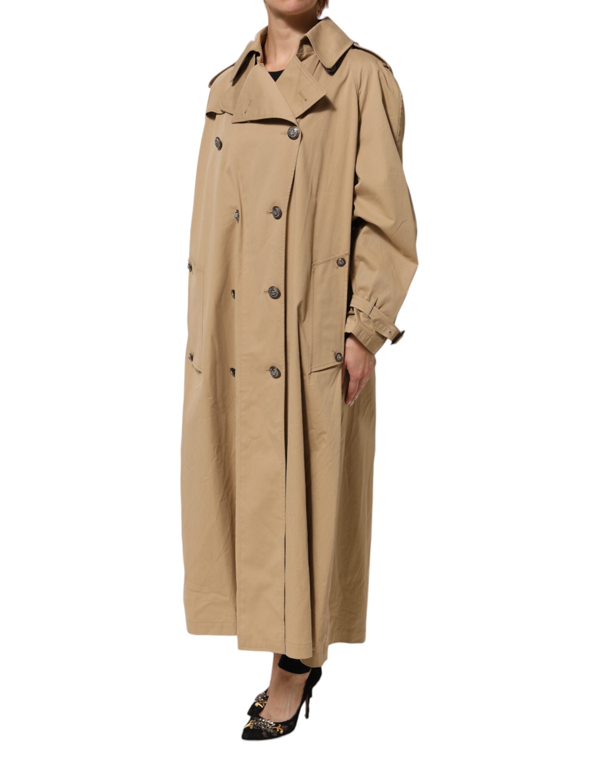 Manteau trench kaki à double boutonnage de Dolce & Gabbana, veste élégante en tissu léger, vue de face.
