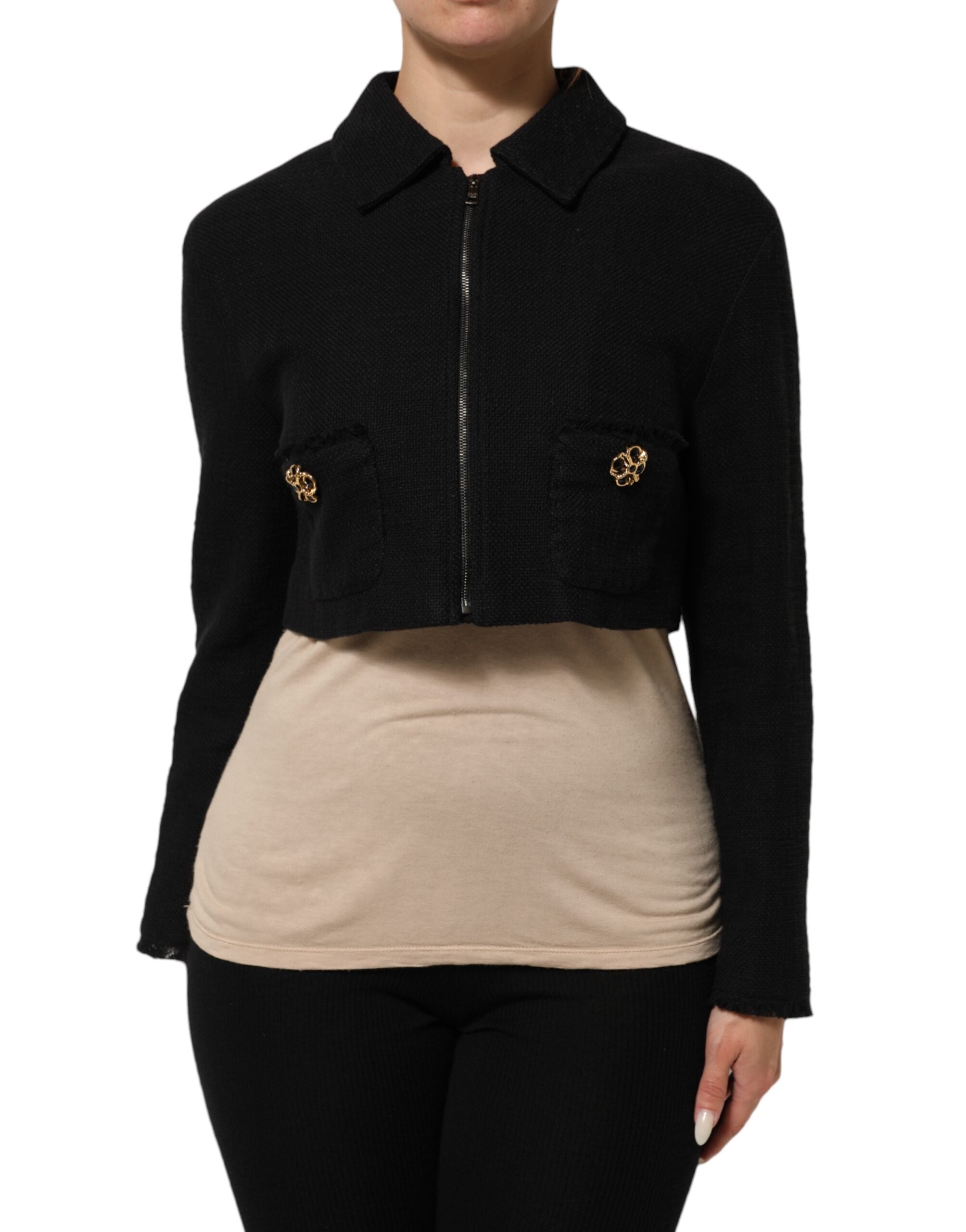 Veste courte en coton noir Dolce & Gabbana avec fermeture éclair complète, style cropped et design élégant.