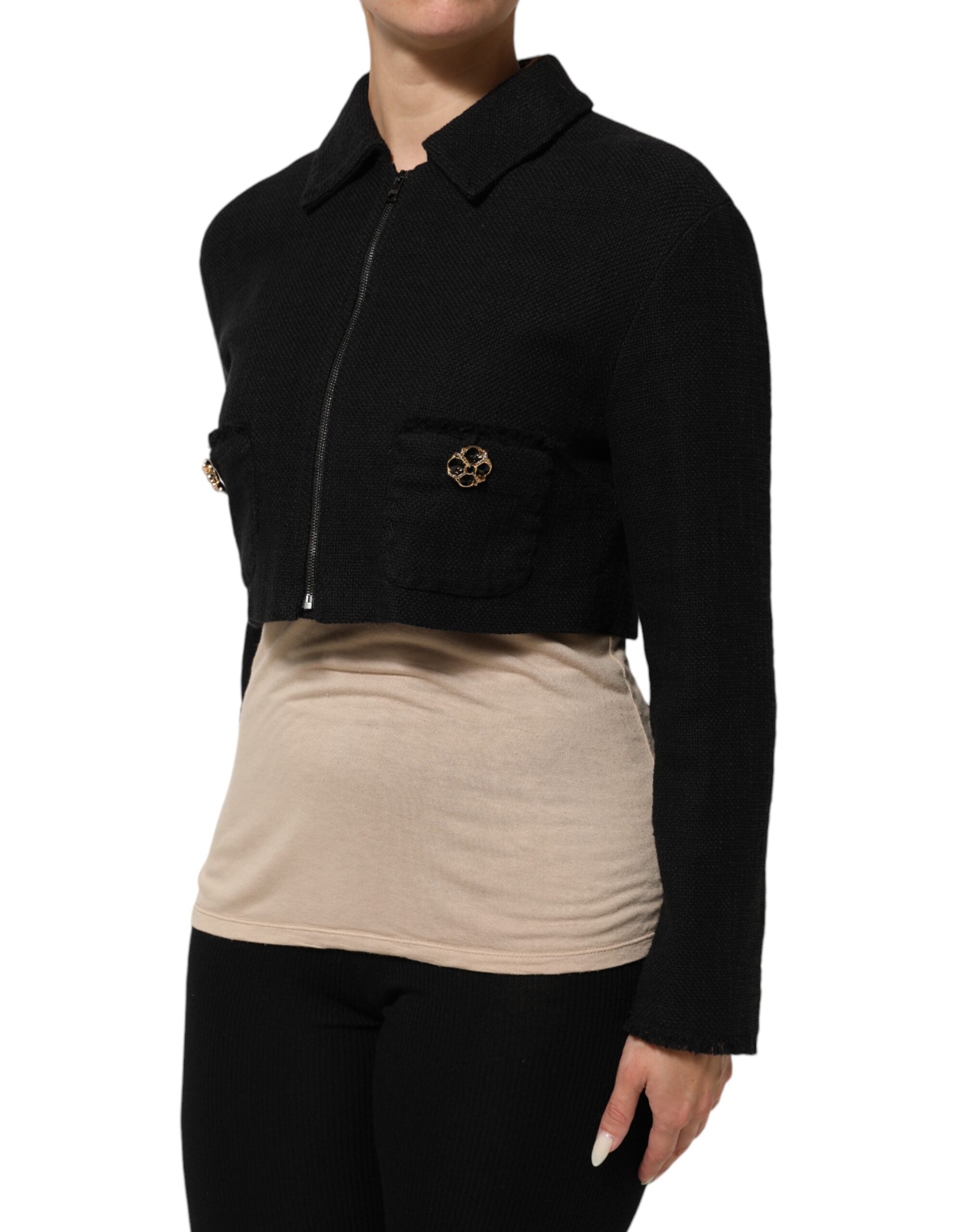 Veste courte noire en coton Dolce & Gabbana avec fermeture éclair complète, style cropped et design élégant.