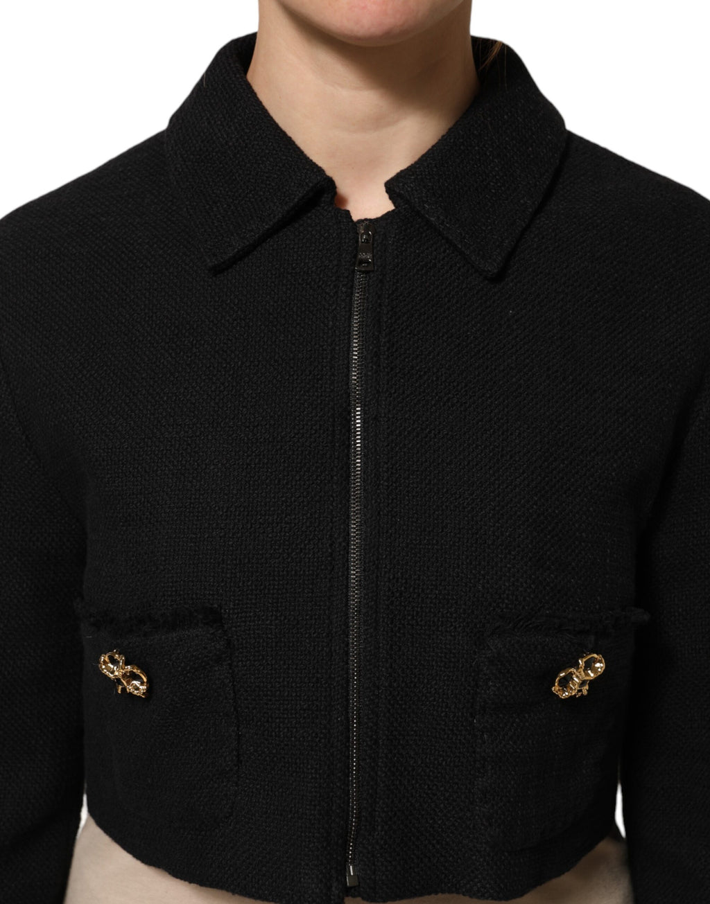 Veste crop noire en coton de Dolce & Gabbana, veste zippée courte avec col montant et coupe tendance.
