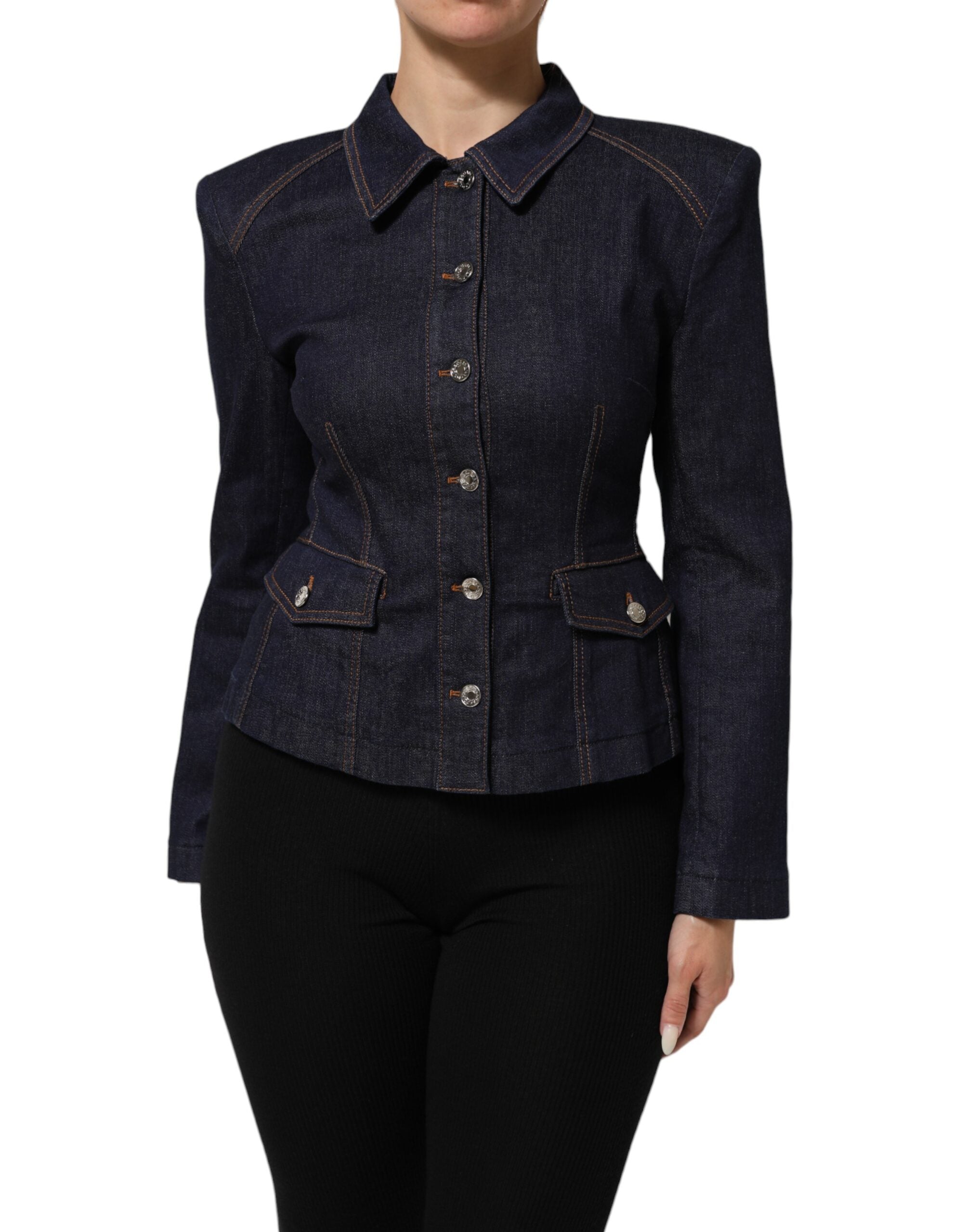Veste en denim bleu foncé Dolce & Gabbana avec col en coton, veste élégante et décontractée, vue de face sur un fond neutre.