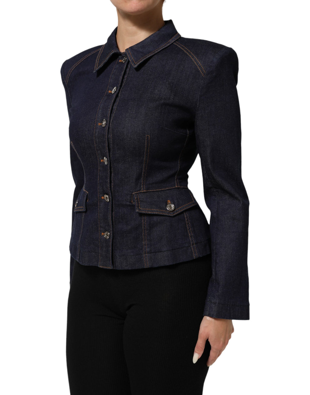 Manteau en jean bleu foncé avec col en coton Dolce & Gabbana, veste élégante en denim pour femmes.