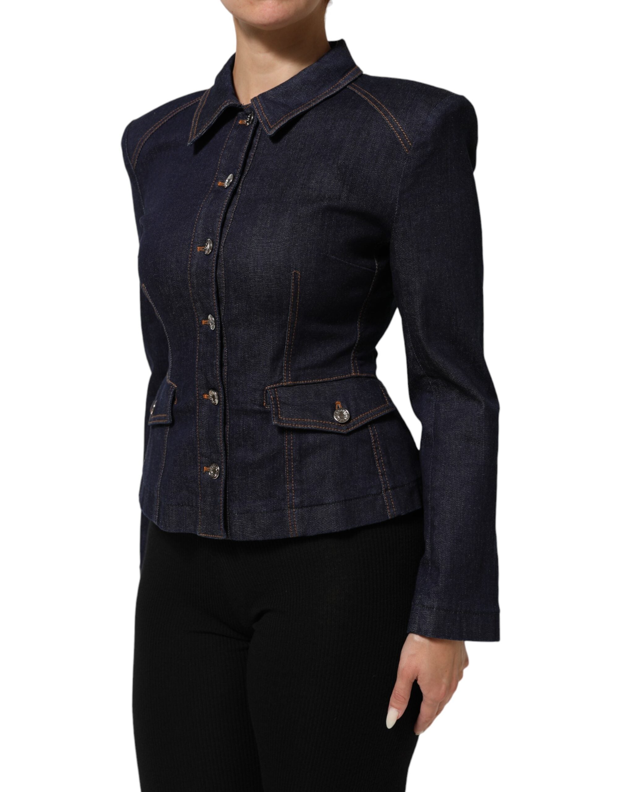 Manteau en jean bleu foncé avec col en coton Dolce & Gabbana, veste élégante en denim pour femmes.