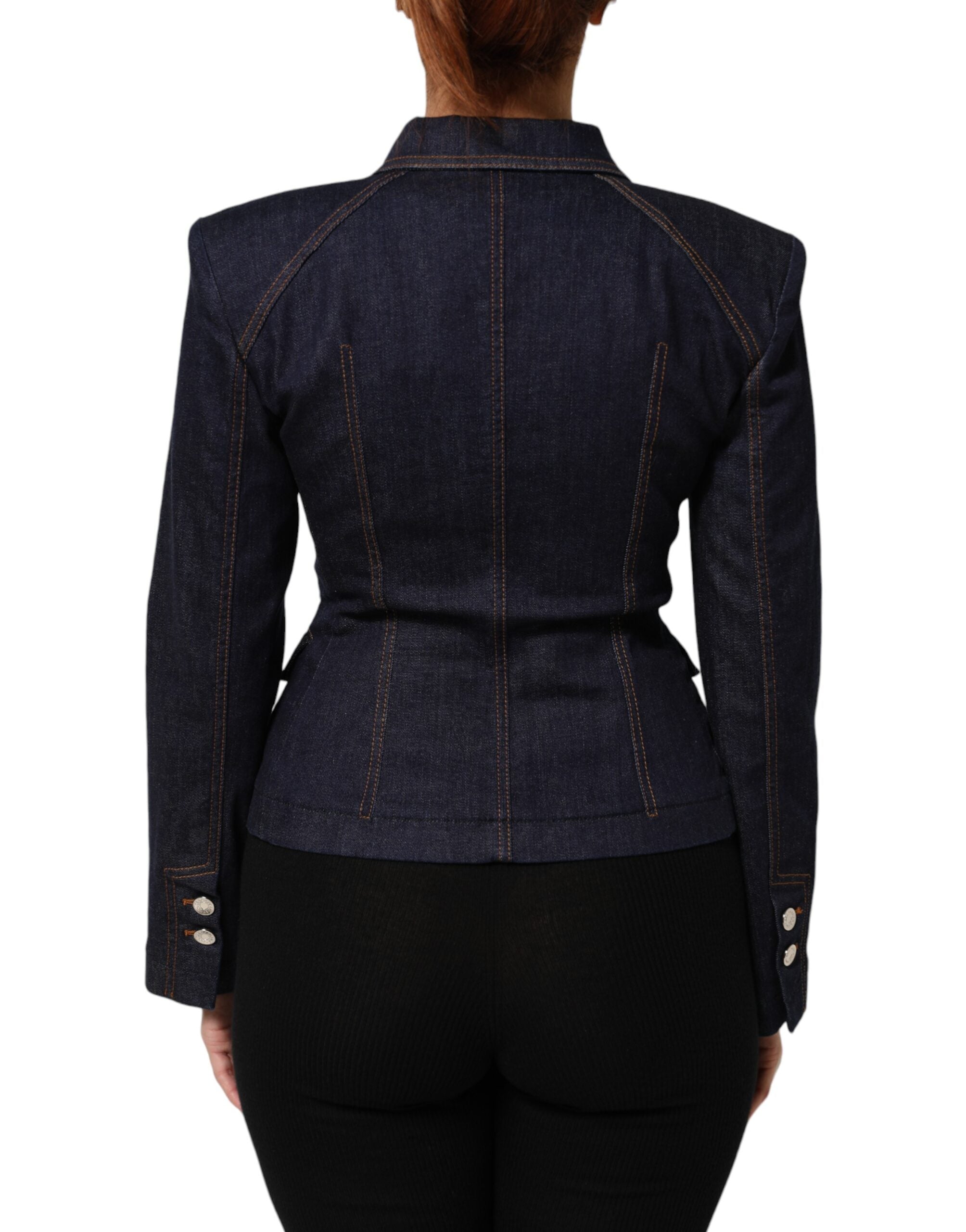 Veste en jean bleu foncé avec col en coton de la marque Dolce & Gabbana, affichant un style élégant et décontracté.
