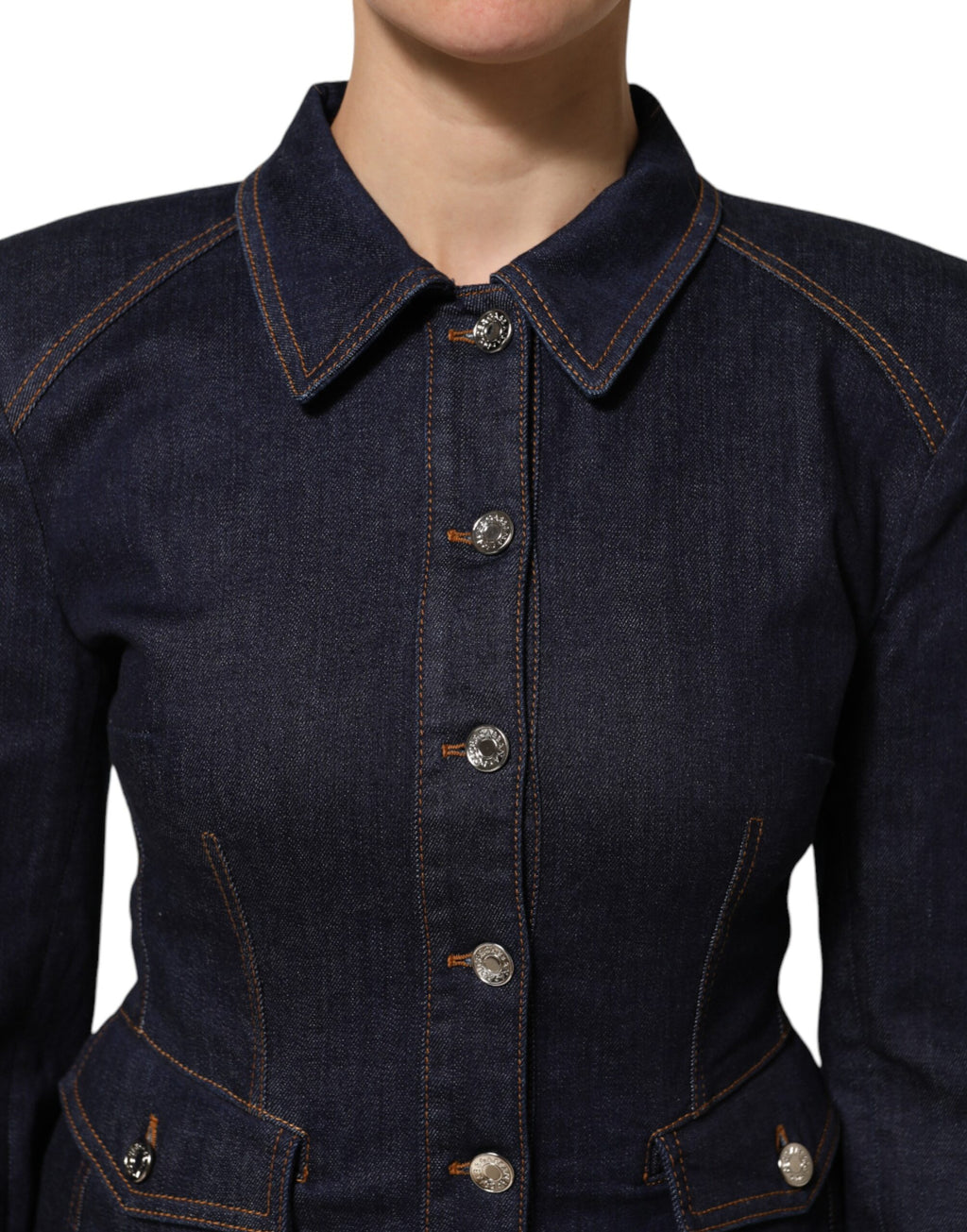 Manteau en denim bleu foncé avec col en coton de Dolce & Gabbana, veste élégante pour femme.