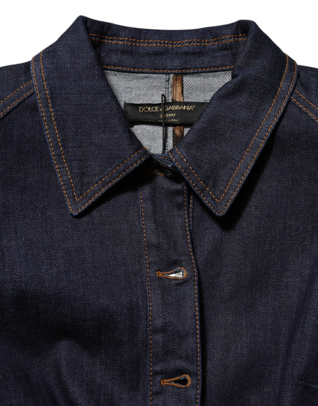 Veste en jean bleu foncé Dolce & Gabbana avec col en coton, style décontracté, visible sur l'image.