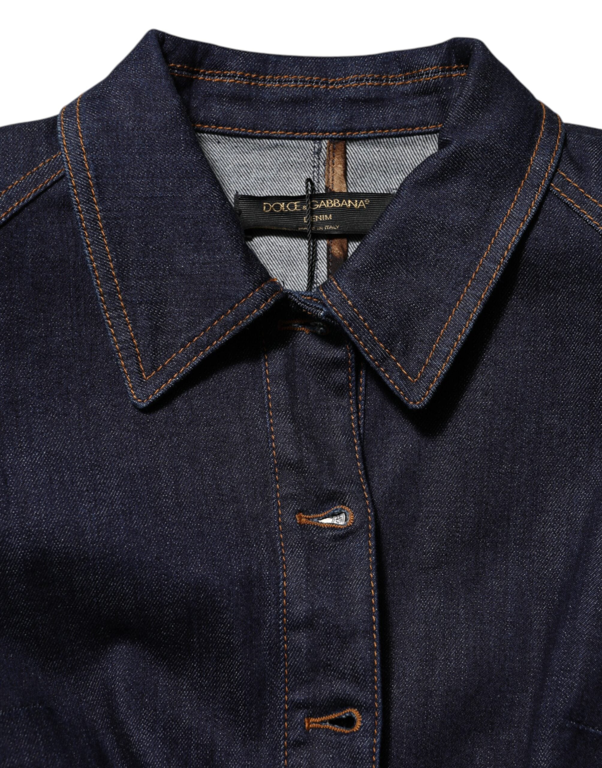 Veste en jean bleu foncé Dolce & Gabbana avec col en coton, style décontracté, visible sur l'image.