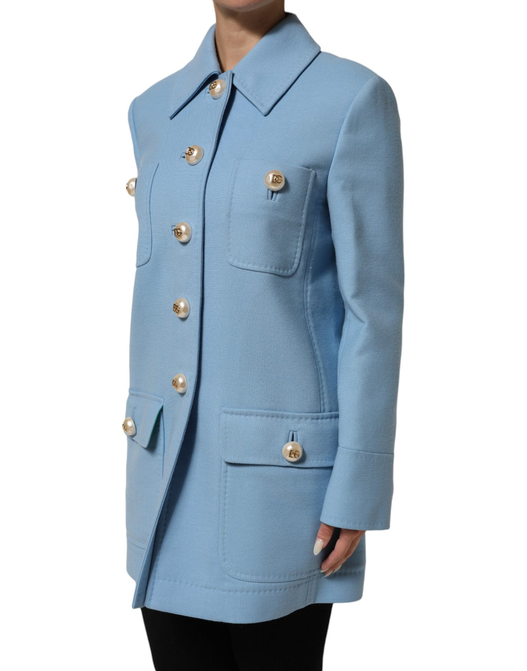Manteau trench bleu à boutons Dolce & Gabbana, veste élégante avec doublure et ceinture, vue de face.