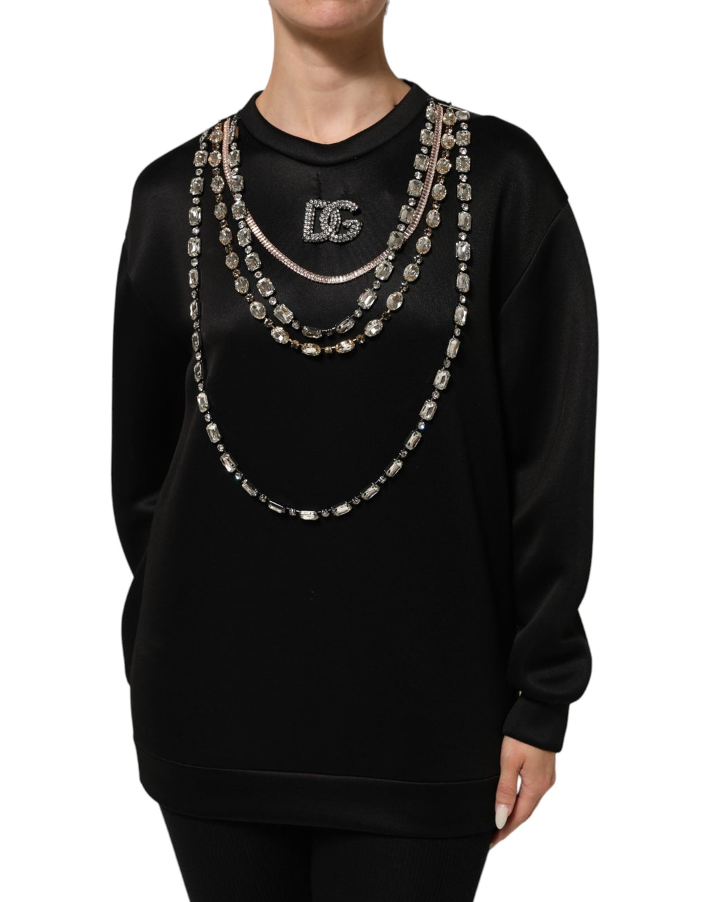 Pull à capuche Dolce & Gabbana noir avec logo DG en cristaux, col rond, style sweatshirt élégant et décontracté.