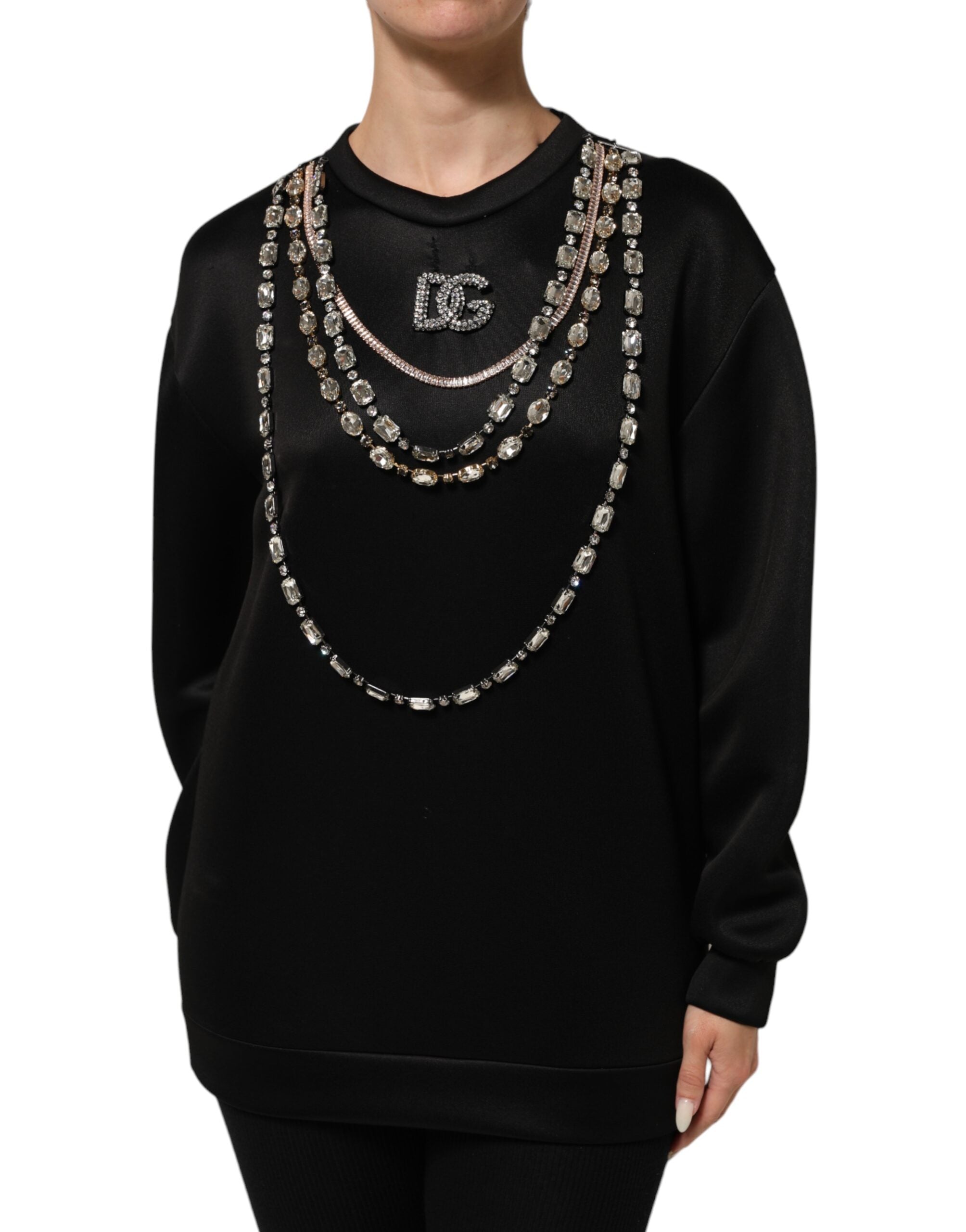 Pull à capuche Dolce & Gabbana noir avec logo DG en cristaux, col rond, style sweatshirt élégant et décontracté.