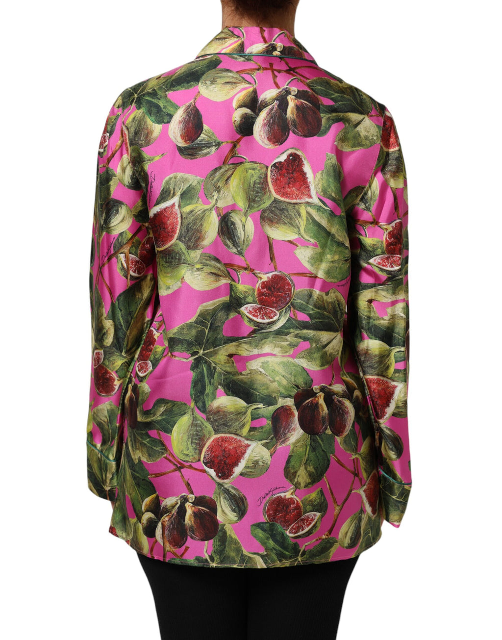 Chemise en soie Dolce & Gabbana à imprimé figue rose vif, style élégant et tissu léger, vue de face.