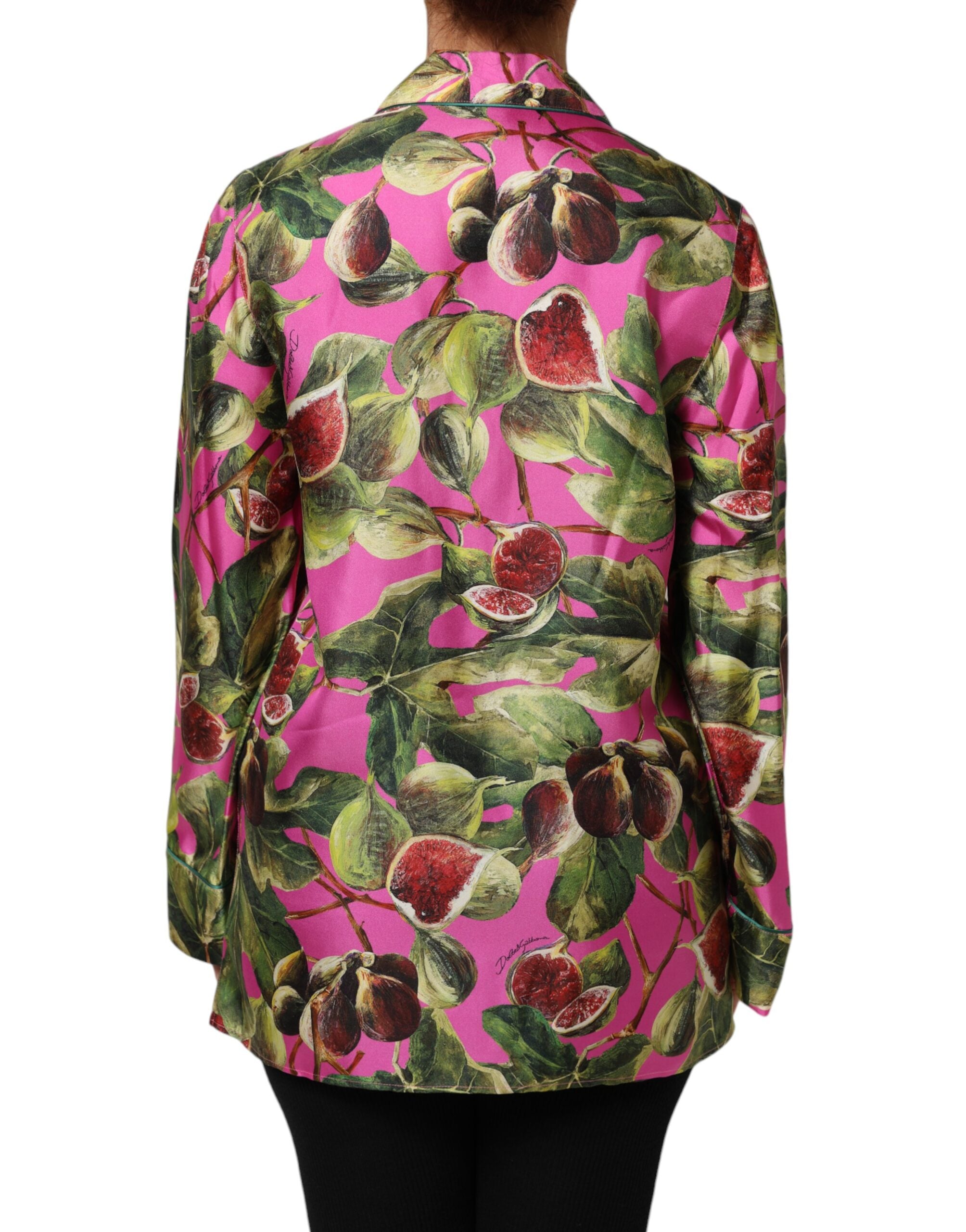 Chemise en soie Dolce & Gabbana à imprimé figue rose vif, style élégant et tissu léger, vue de face.