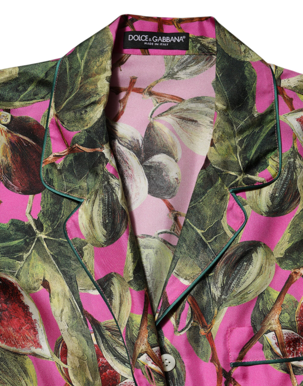 Chemise en soie Dolce & Gabbana à imprimé figue rose vif, top élégant avec col et manches longues.