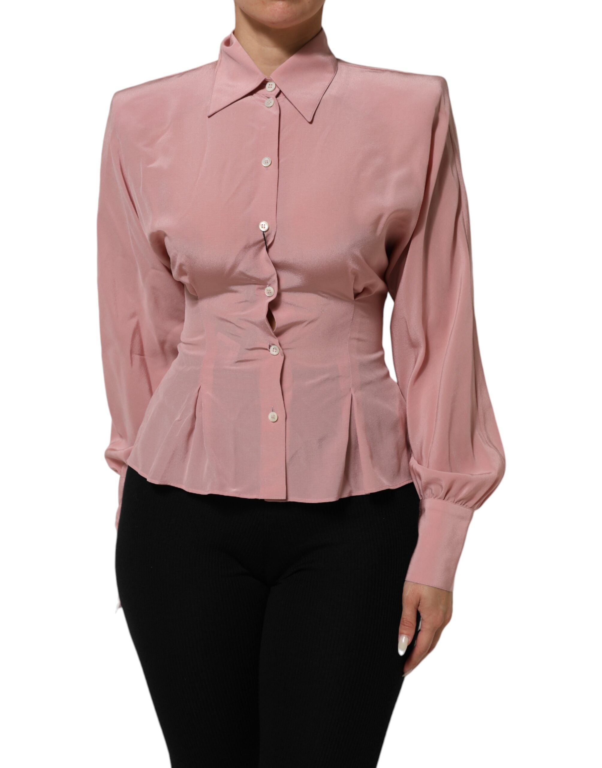 Chemise en soie rose Dolce & Gabbana à col, manches longues, élégante et sophistiquée, vue de face.