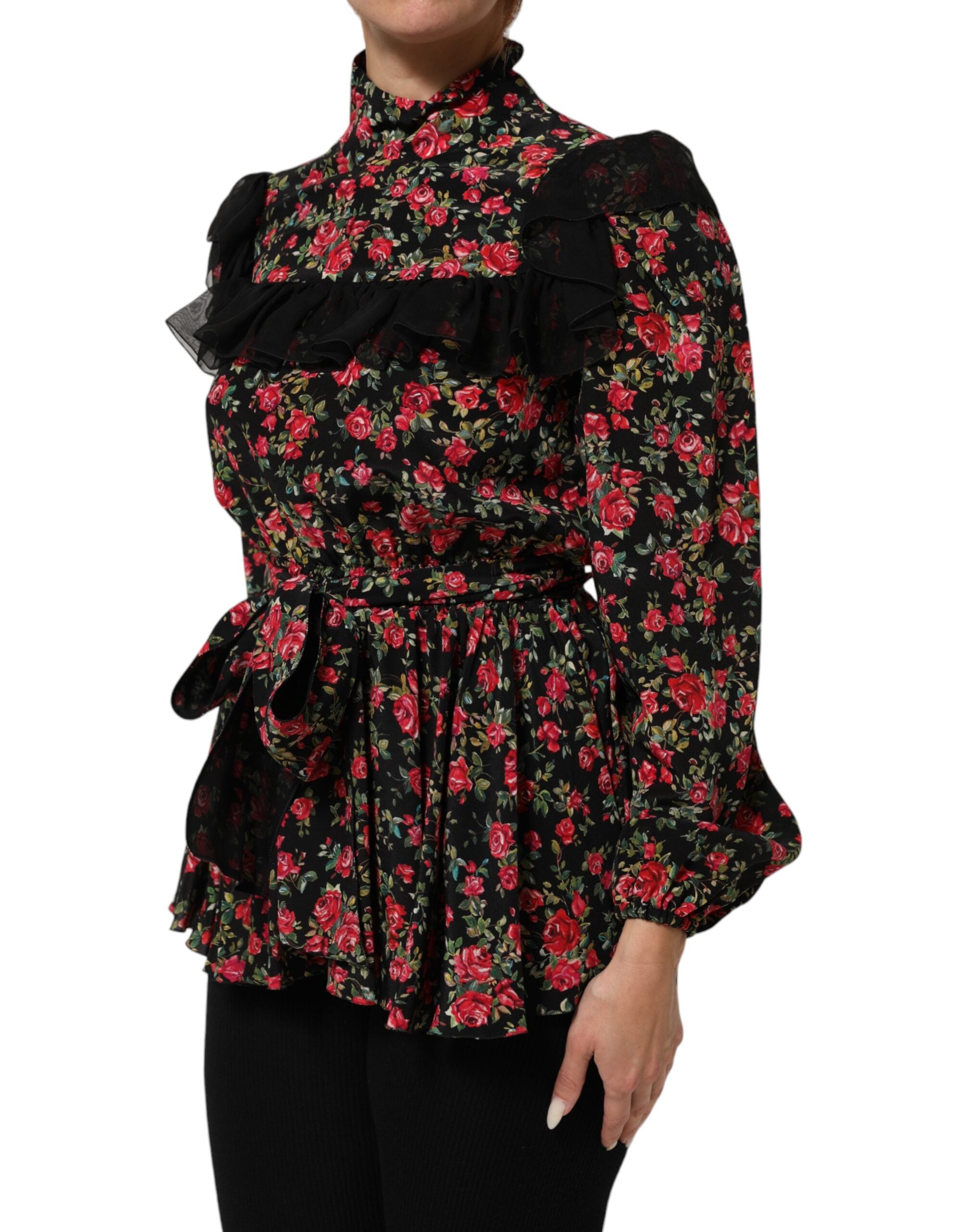 Blouse à manches longues Dolce & Gabbana avec imprimé floral noir, détail élégant et tissu léger.
