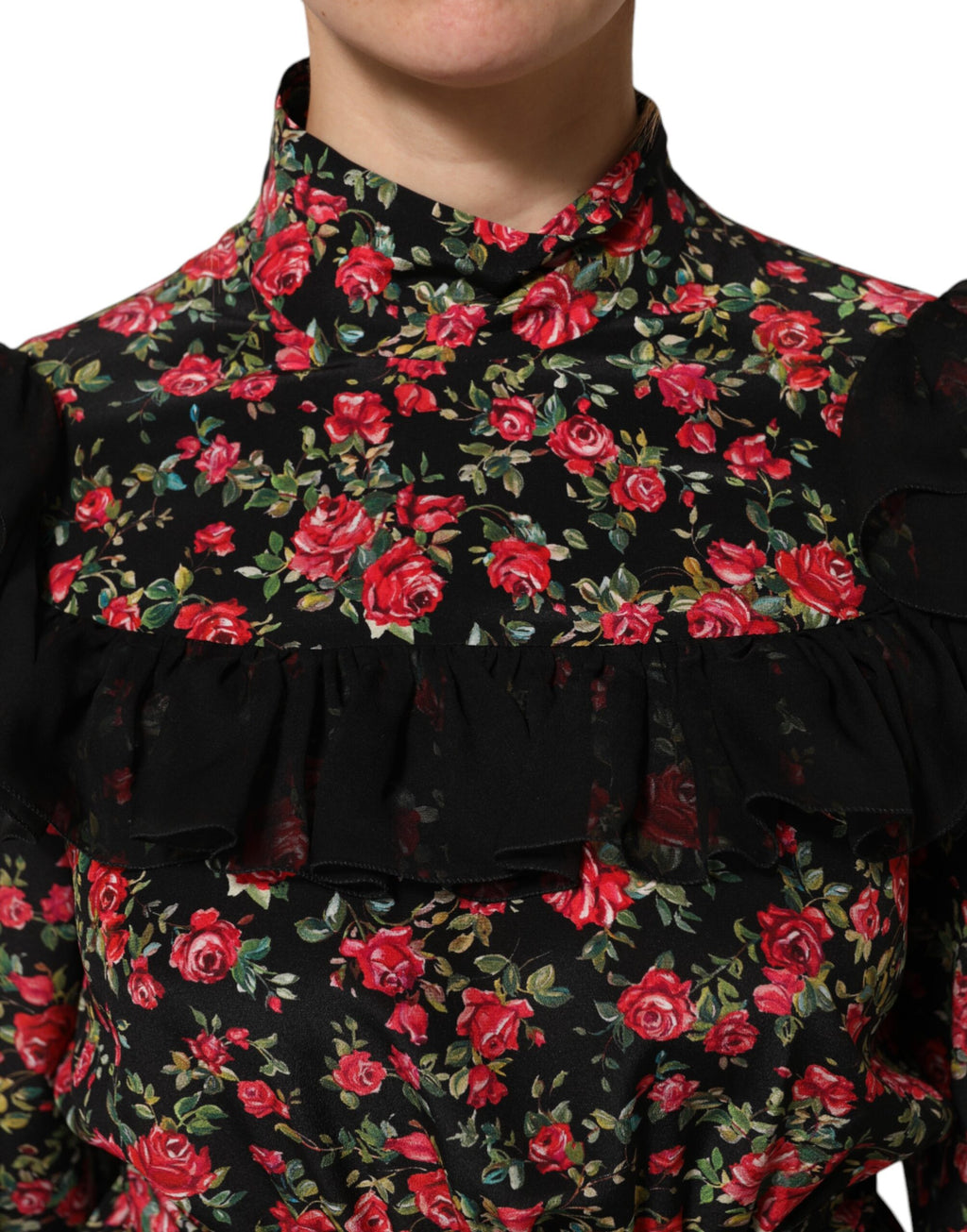 Chemise à manches longues Dolce & Gabbana à imprimé floral noir, style élégant et féminin.