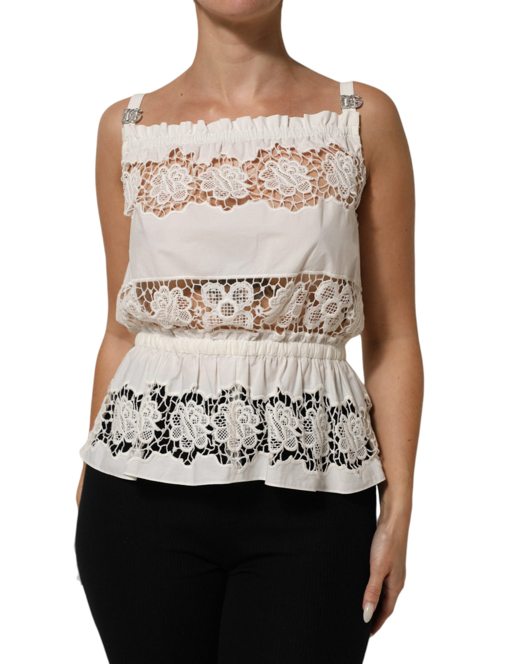Débardeur en popeline blanche Dolce & Gabbana avec broderie ajourée et détails en dentelle, élégant et léger.