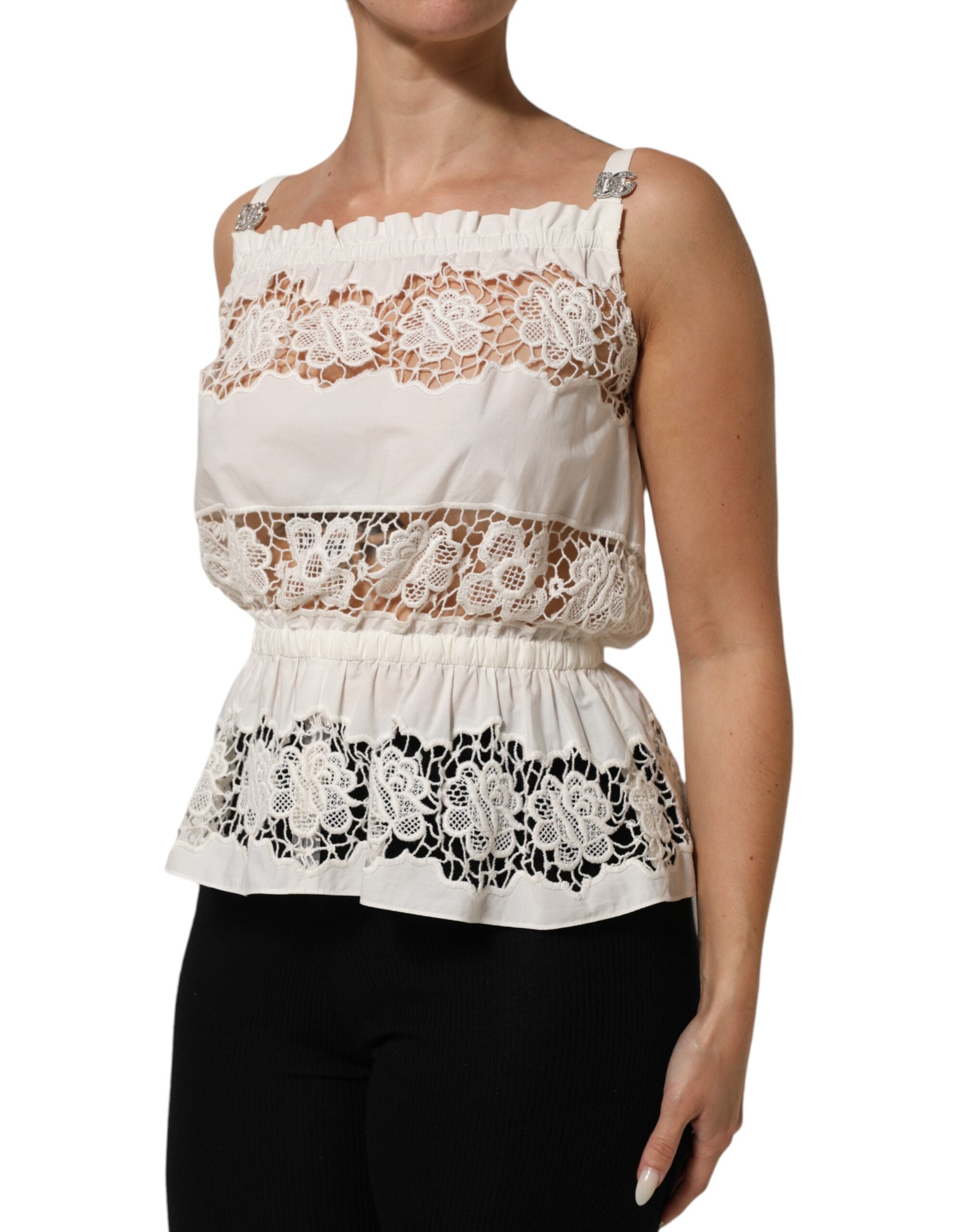 Débardeur en popeline blanche Dolce & Gabbana avec broderie ajourée et ouverture élégante, parfait pour un style sophistiqué.