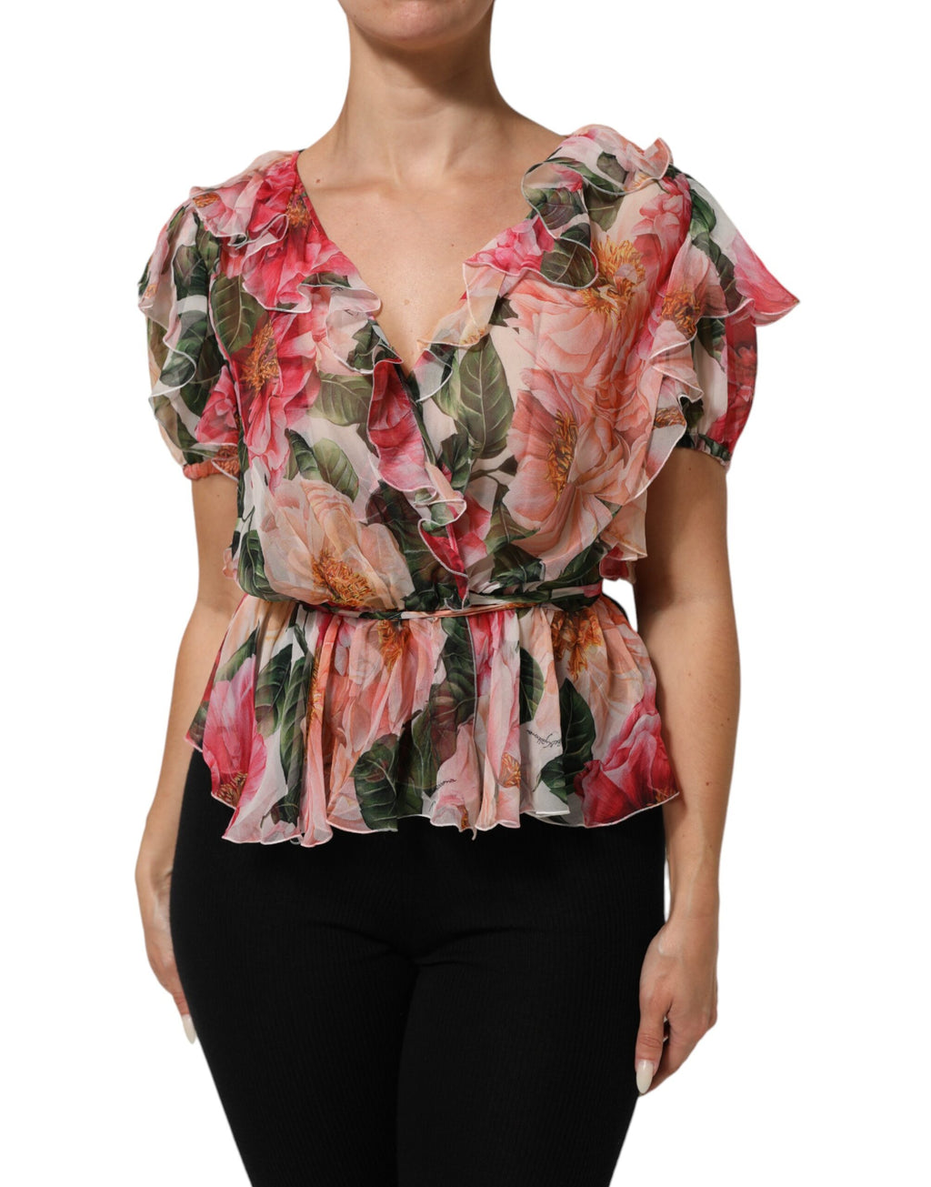 Dolce & Gabbana Seidenbluse mit V-Ausschnitt und Kamelien-Print in Pink
