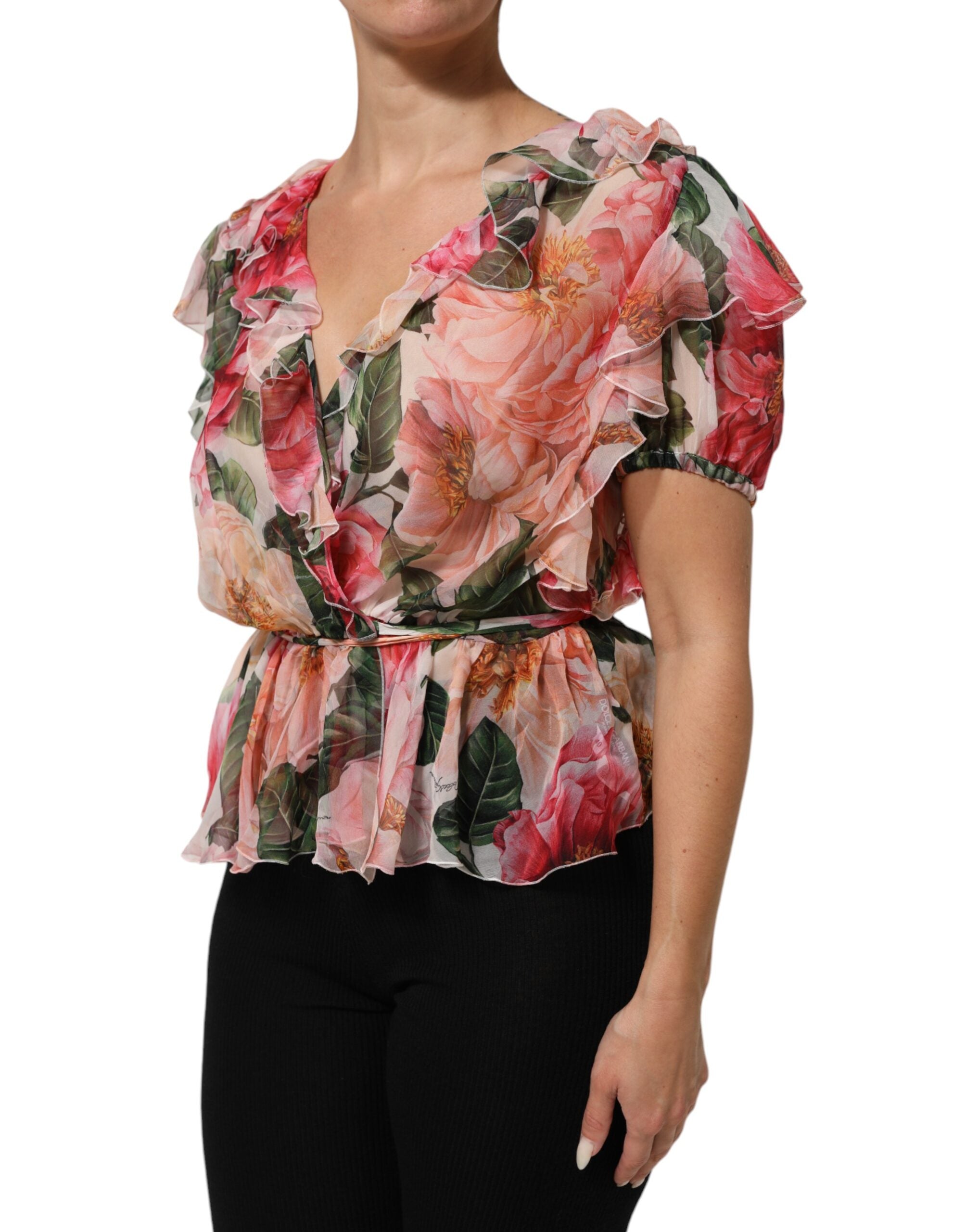 Dolce & Gabbana Seidenbluse mit V-Ausschnitt und Kamelien-Print in Pink