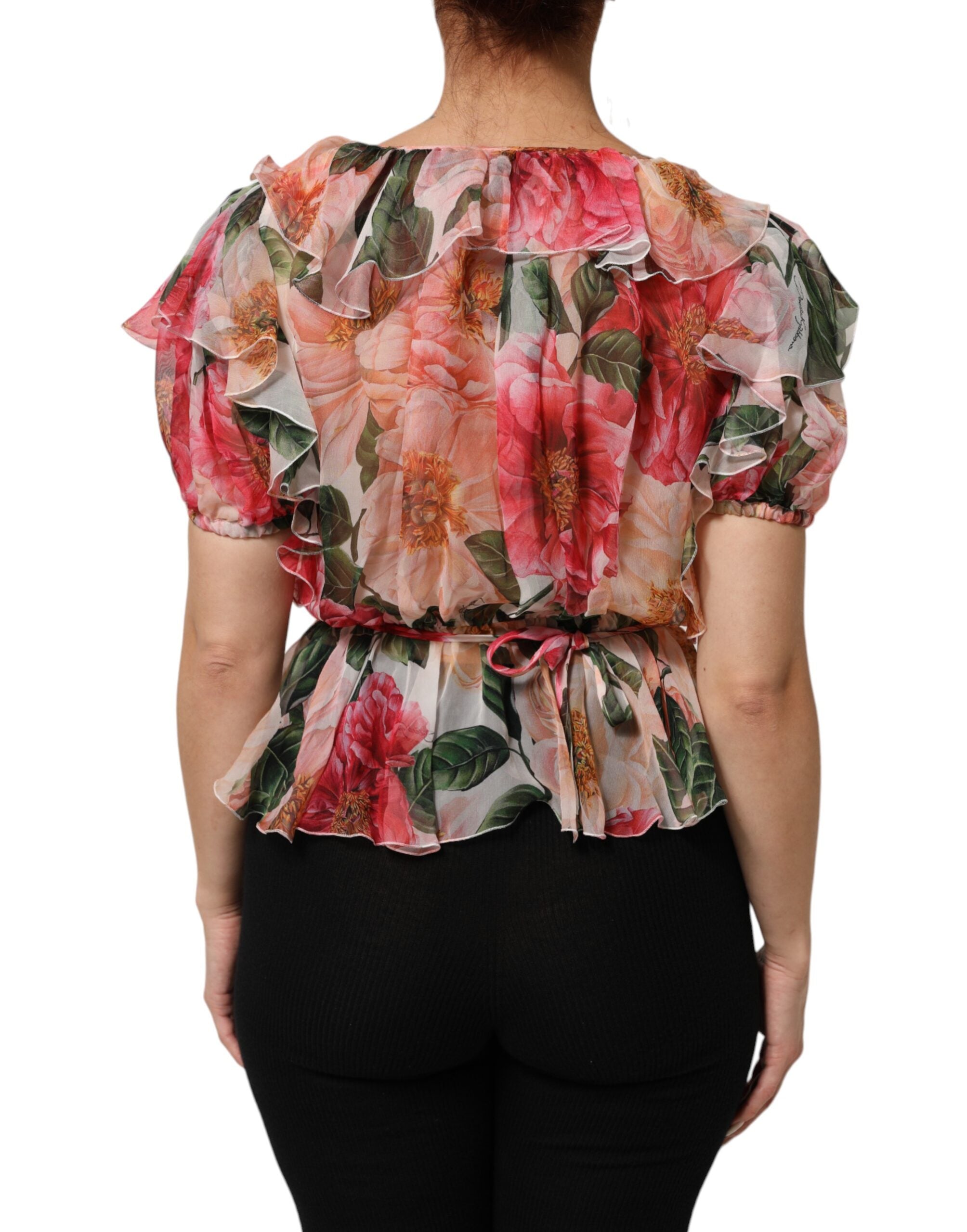 Dolce & Gabbana Seidenbluse mit V-Ausschnitt und Kamelien-Print in Pink