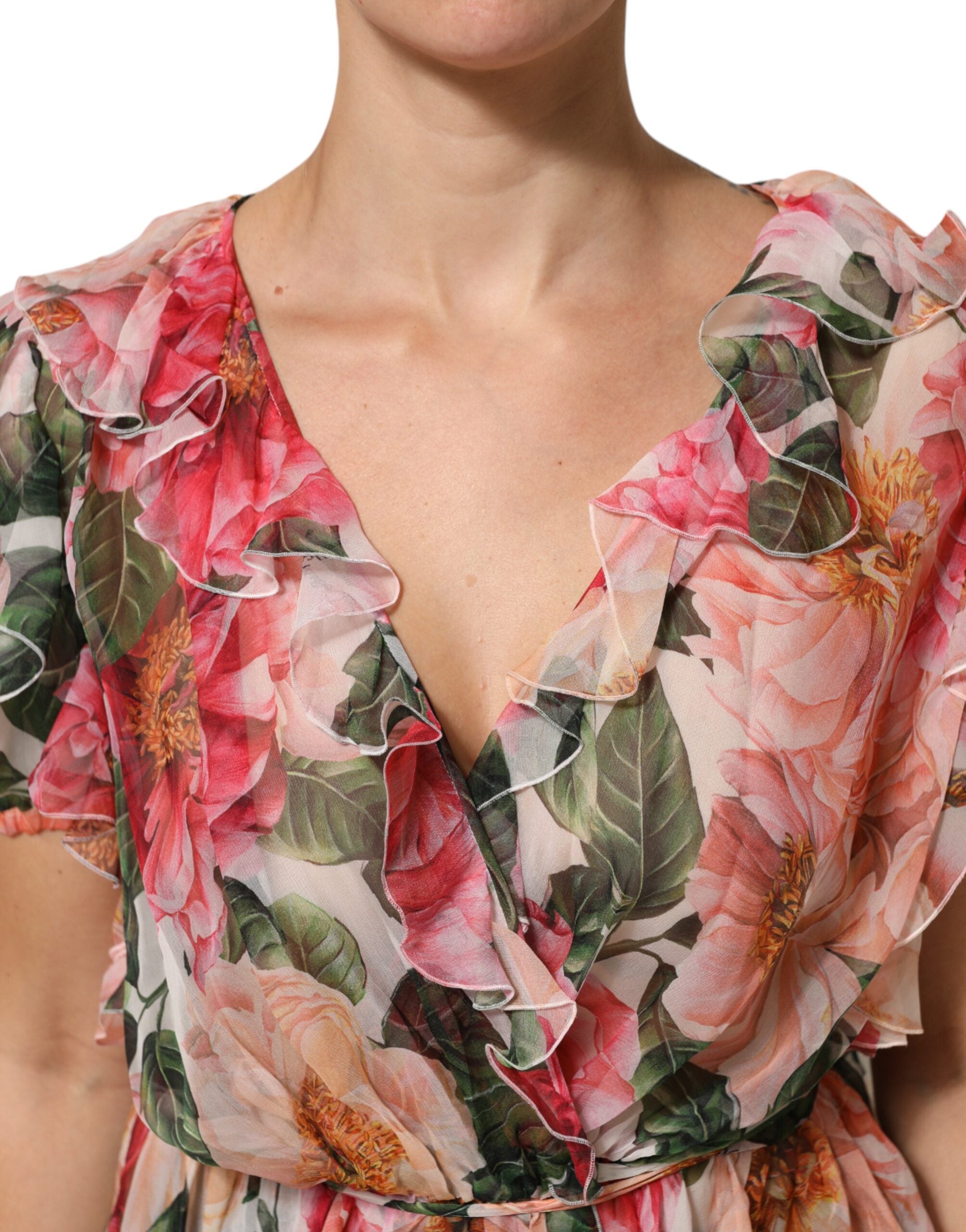 Dolce & Gabbana Seidenbluse mit V-Ausschnitt und Kamelien-Print in Pink