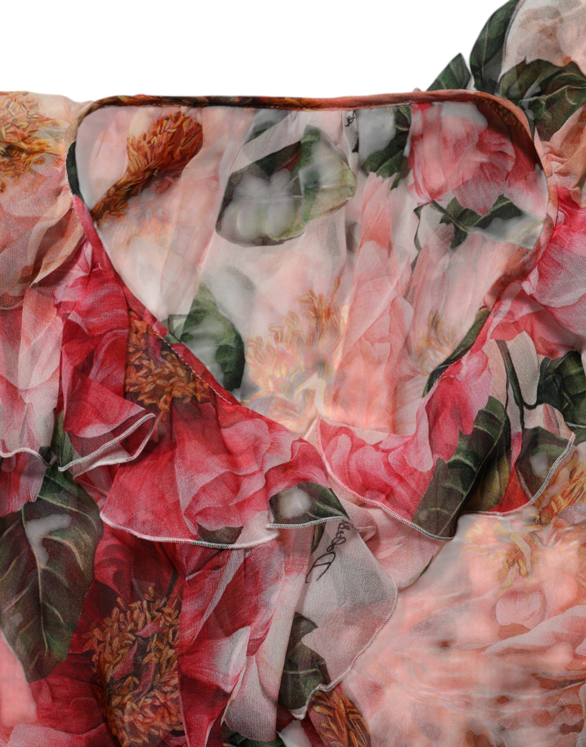 Dolce & Gabbana Seidenbluse mit V-Ausschnitt und Kamelien-Print in Pink