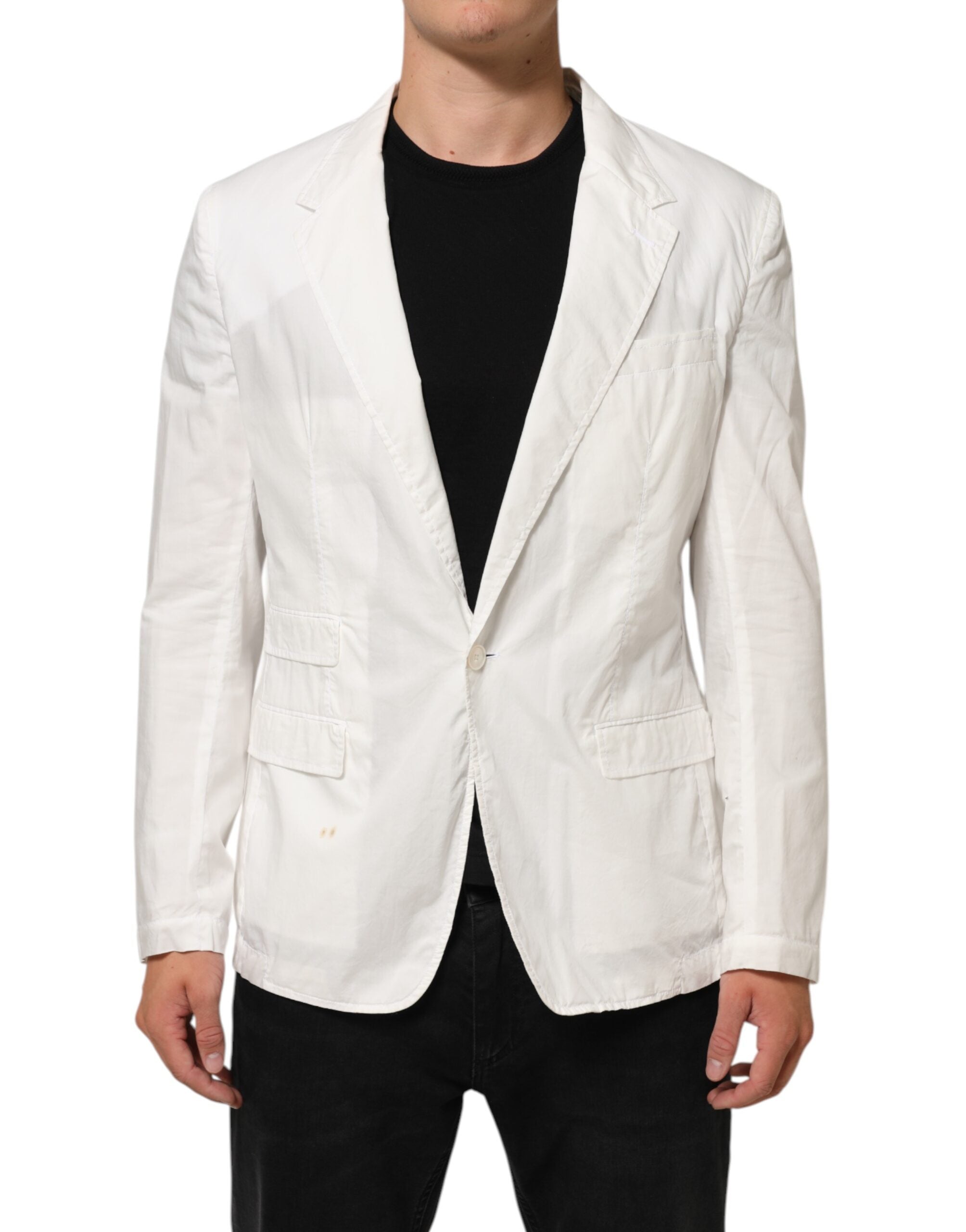 Costume homme Dolce & Gabbana en coton blanc avec une seule boutonnière, blazer élégant et classique.