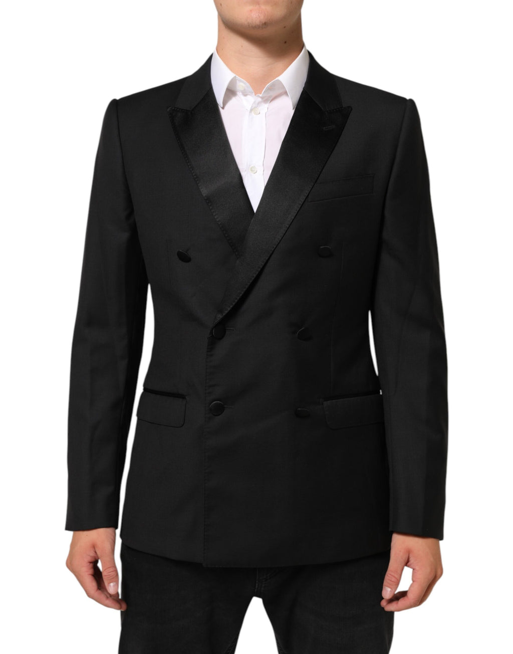 Blazer noir double-breasted Dolce & Gabbana MARTINI, costume élégant pour homme, détails sophistiqués et coupe moderne.