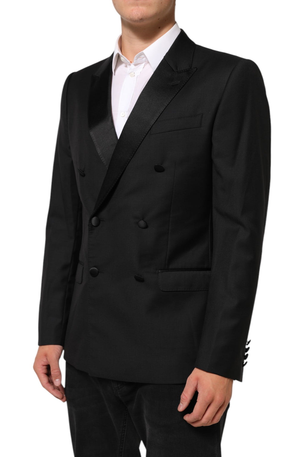 Costume blazer noir Dolce & Gabbana Martini à double boutonnage, coupe élégante et détails sophistiqués.