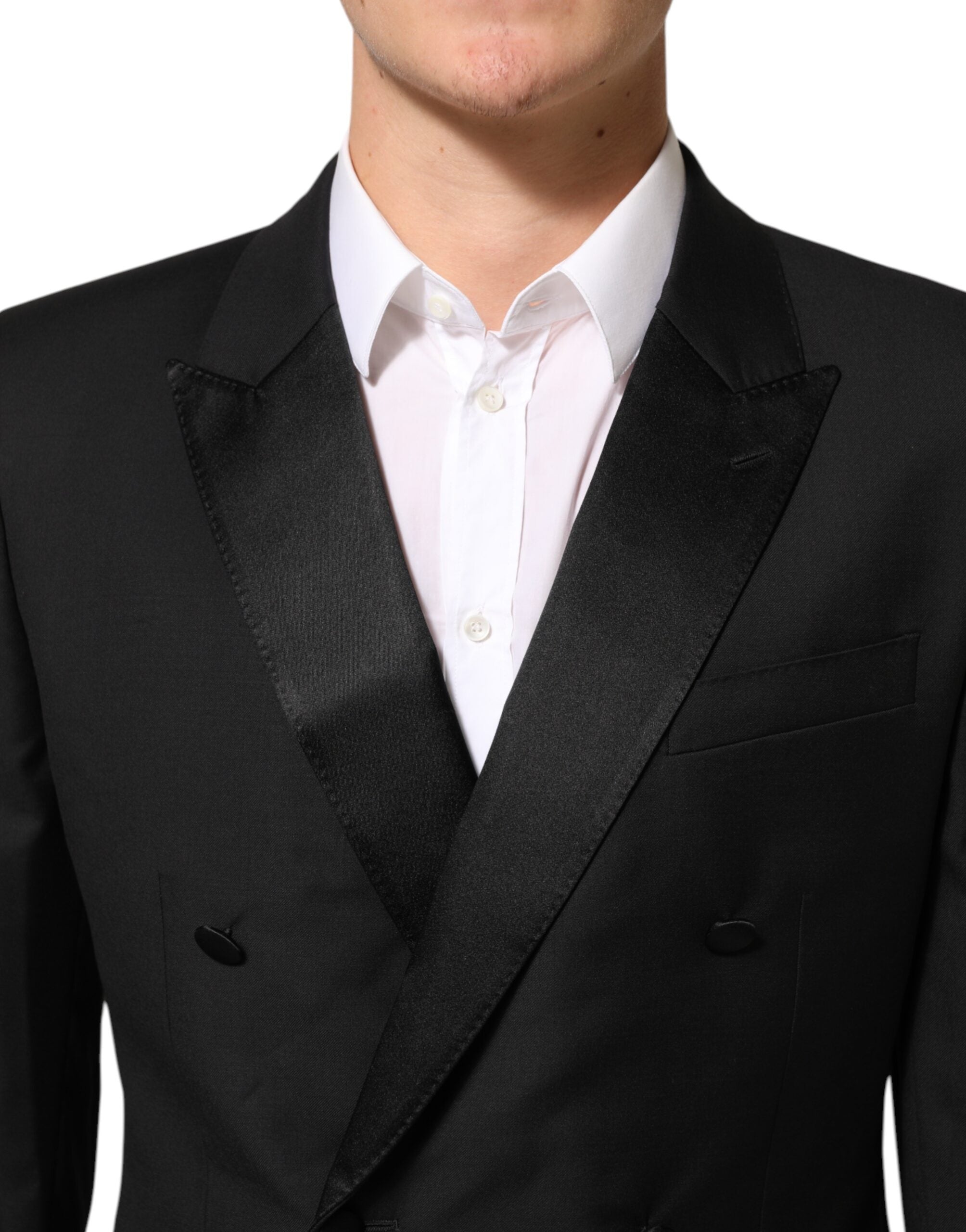 Costume noir Dolce & Gabbana Martini, blazer croisé à doubles boutons, élégance masculine, tissu de qualité, détails sophistiqués.