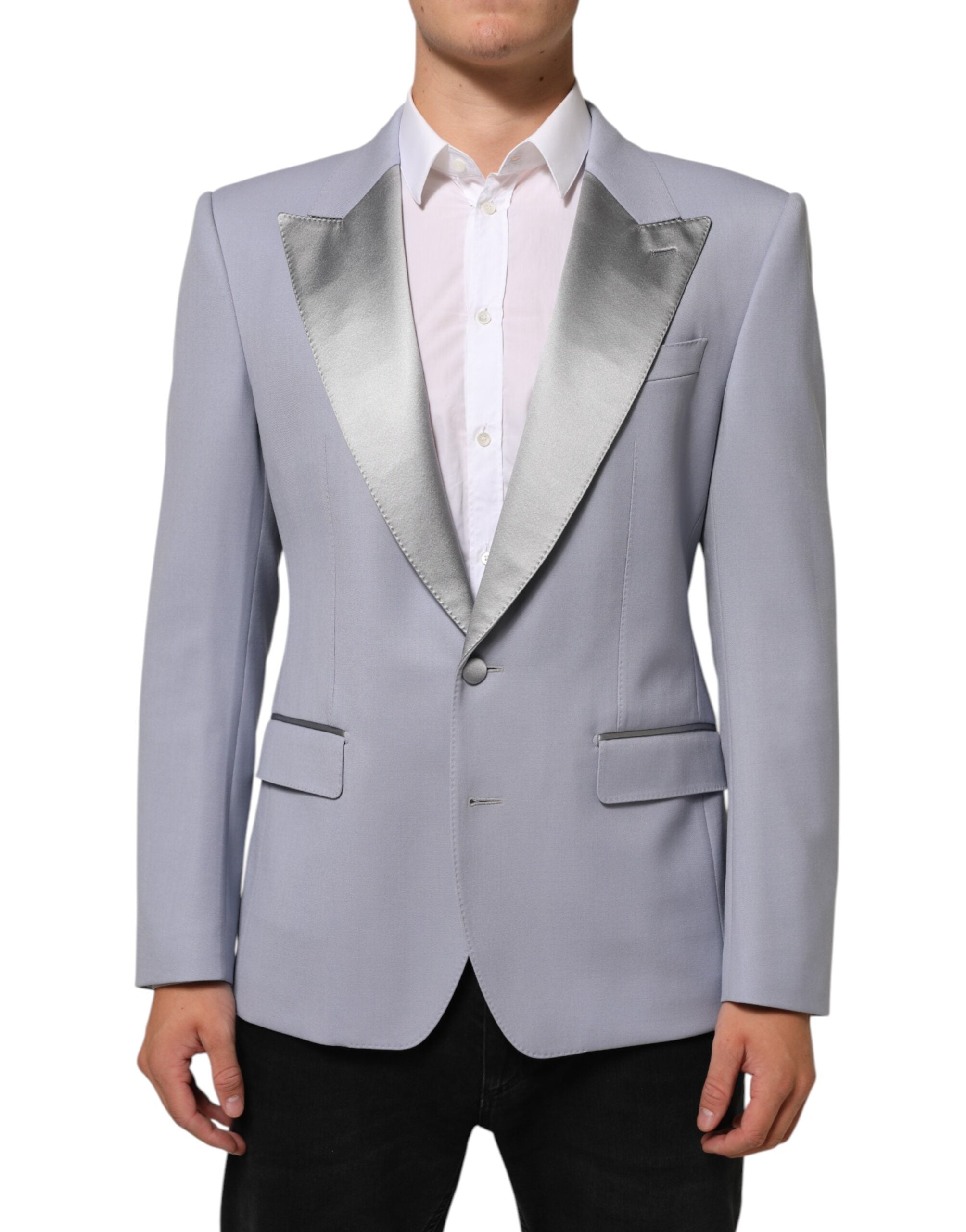 Costume homme Dolce & Gabbana en laine gris Sicilia avec deux boutons, blazer élégant et ajusté.