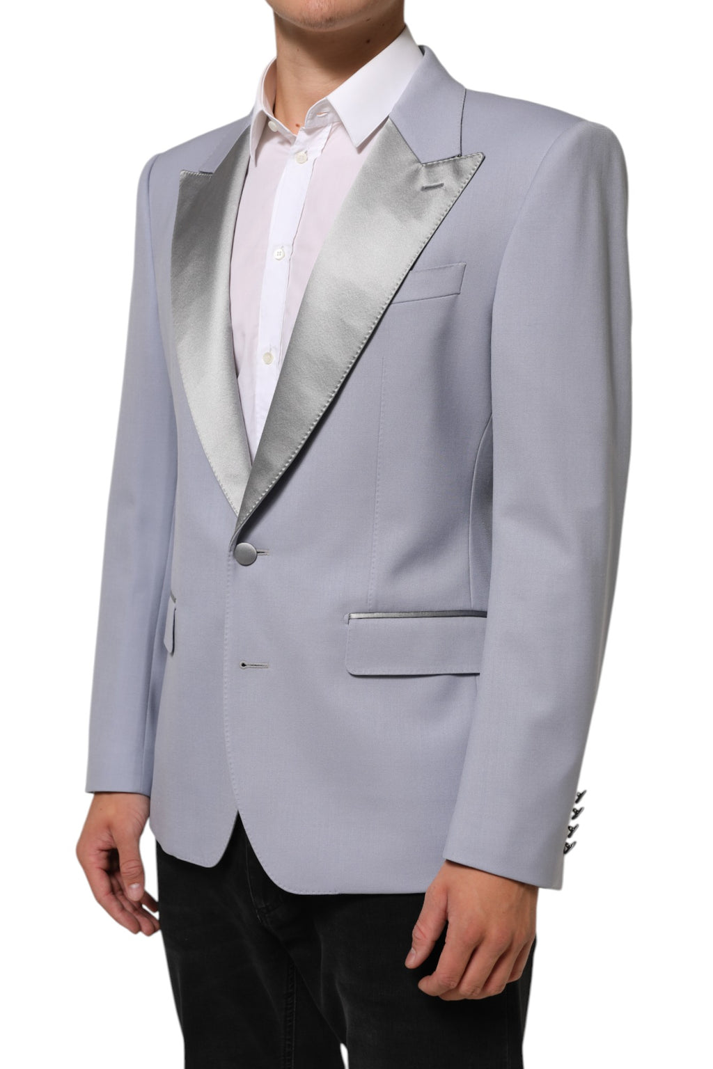 Costume homme Dolce & Gabbana, blazer gris en laine Sicilia avec deux boutons, style élégant et classique.