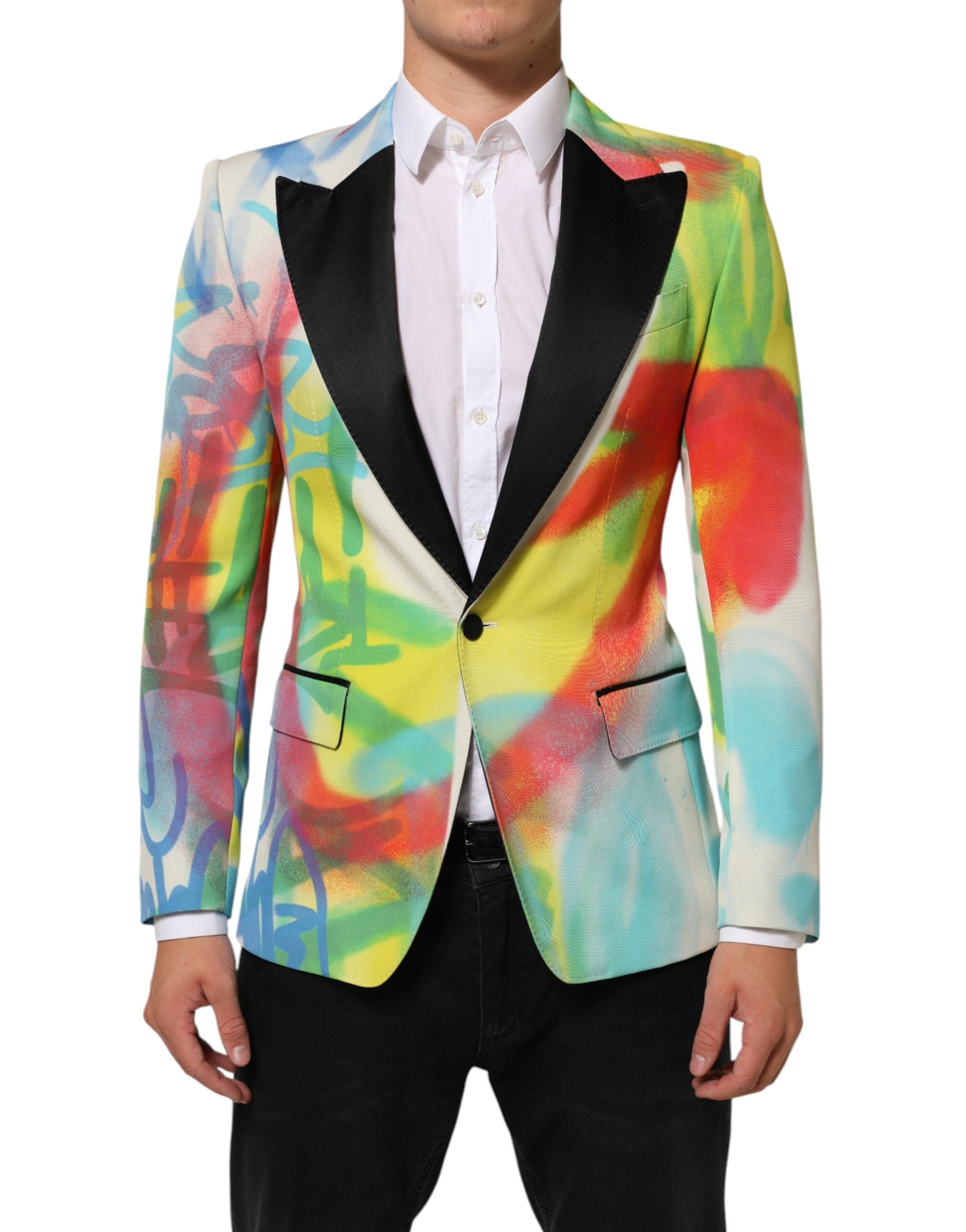 Costume blazer pour homme Dolce & Gabbana Graffiti SICILIA multicolore avec bouton unique, motif artistique et moderne.