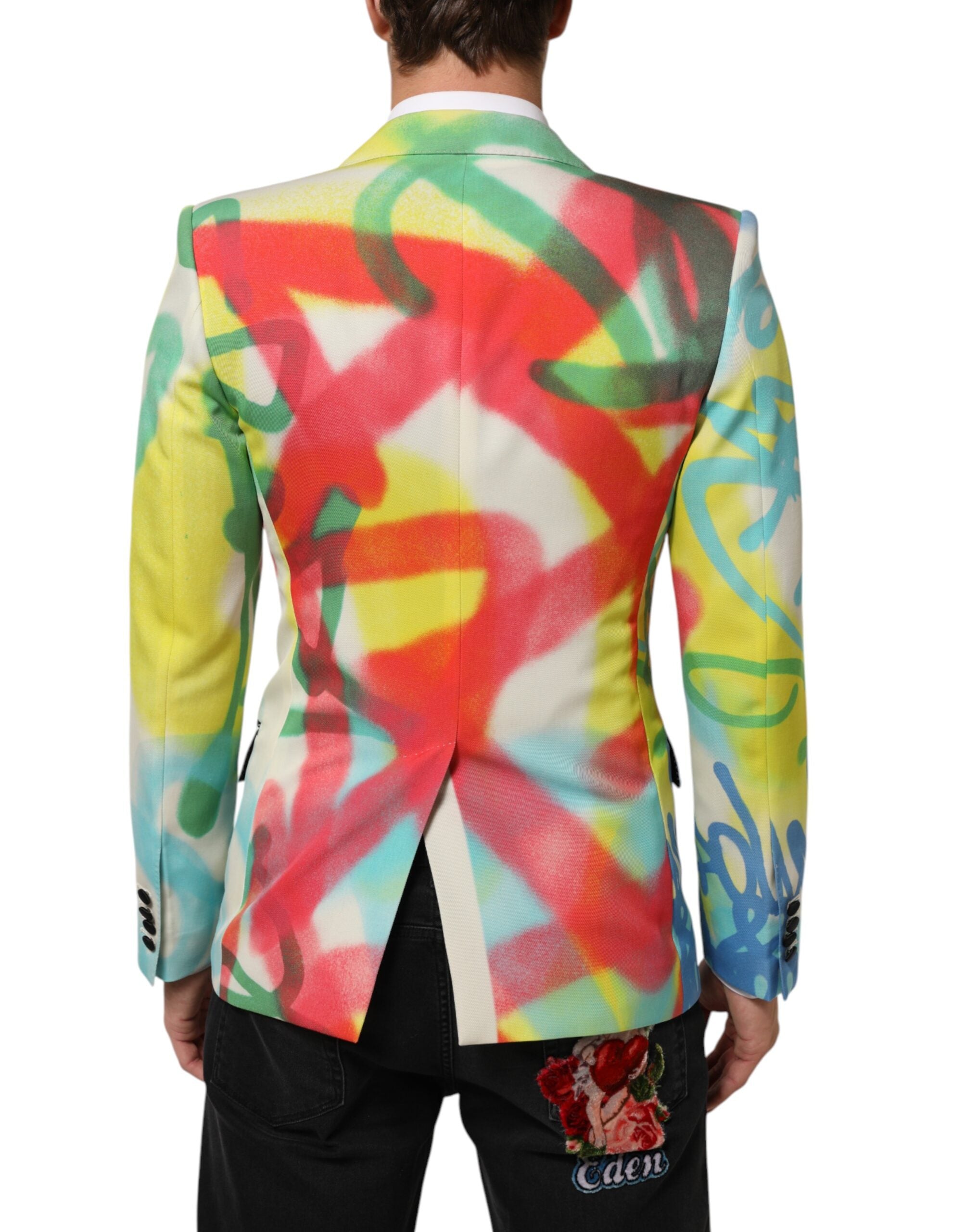 Blazer pour homme Dolce & Gabbana Sicilia multicolore avec motif graffiti et bouton unique, veste élégante et moderne.