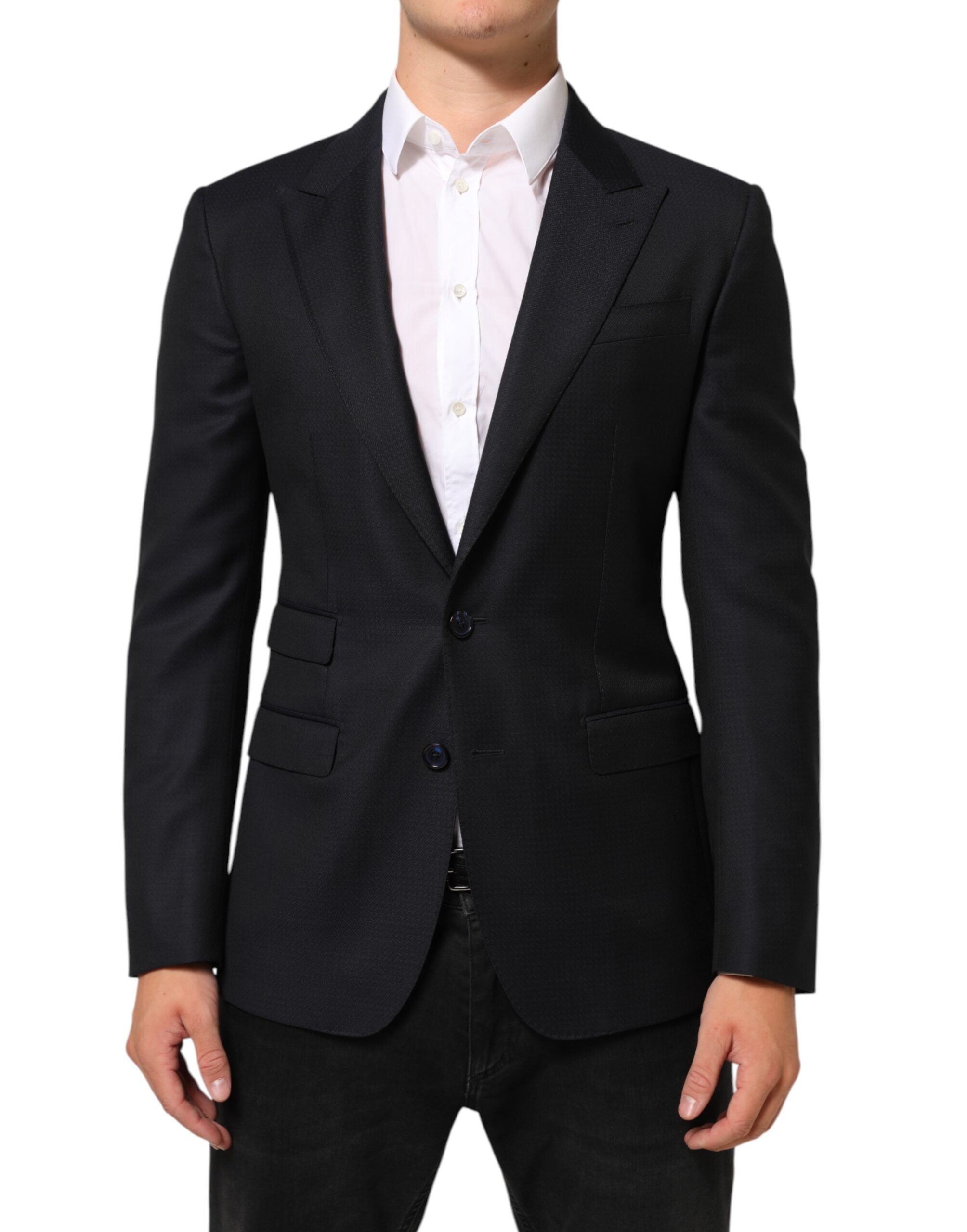 Costume homme Dolce & Gabbana en laine noire, blazer Napoli à deux boutons, élégance classique et moderne.