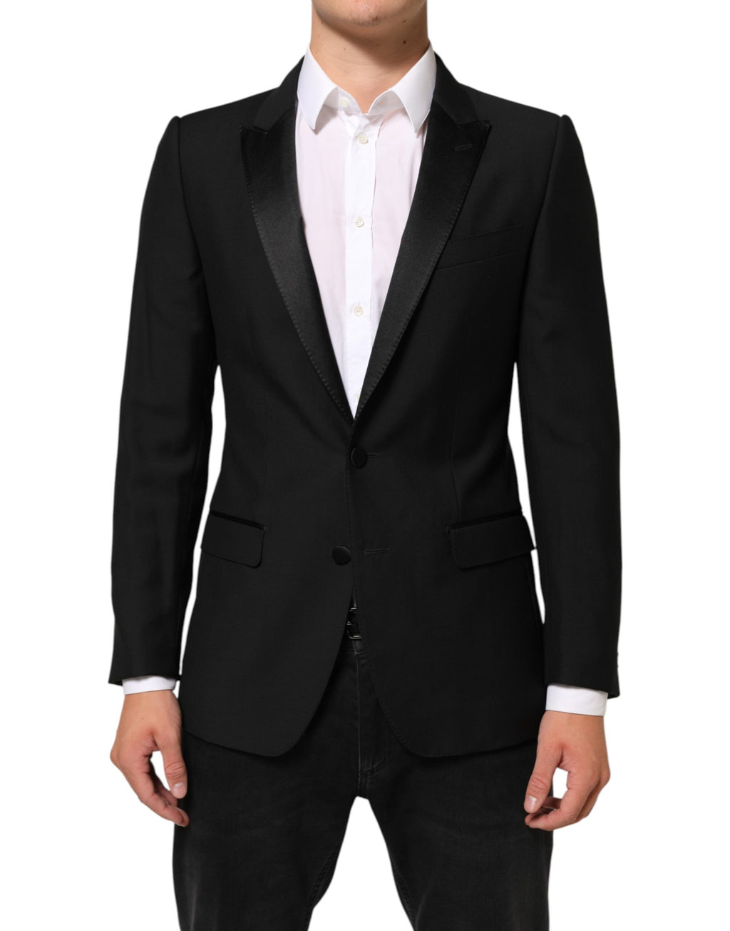 Costume homme Dolce & Gabbana en laine noire, blazer Martini à deux boutons, élégant et sophistiqué.
