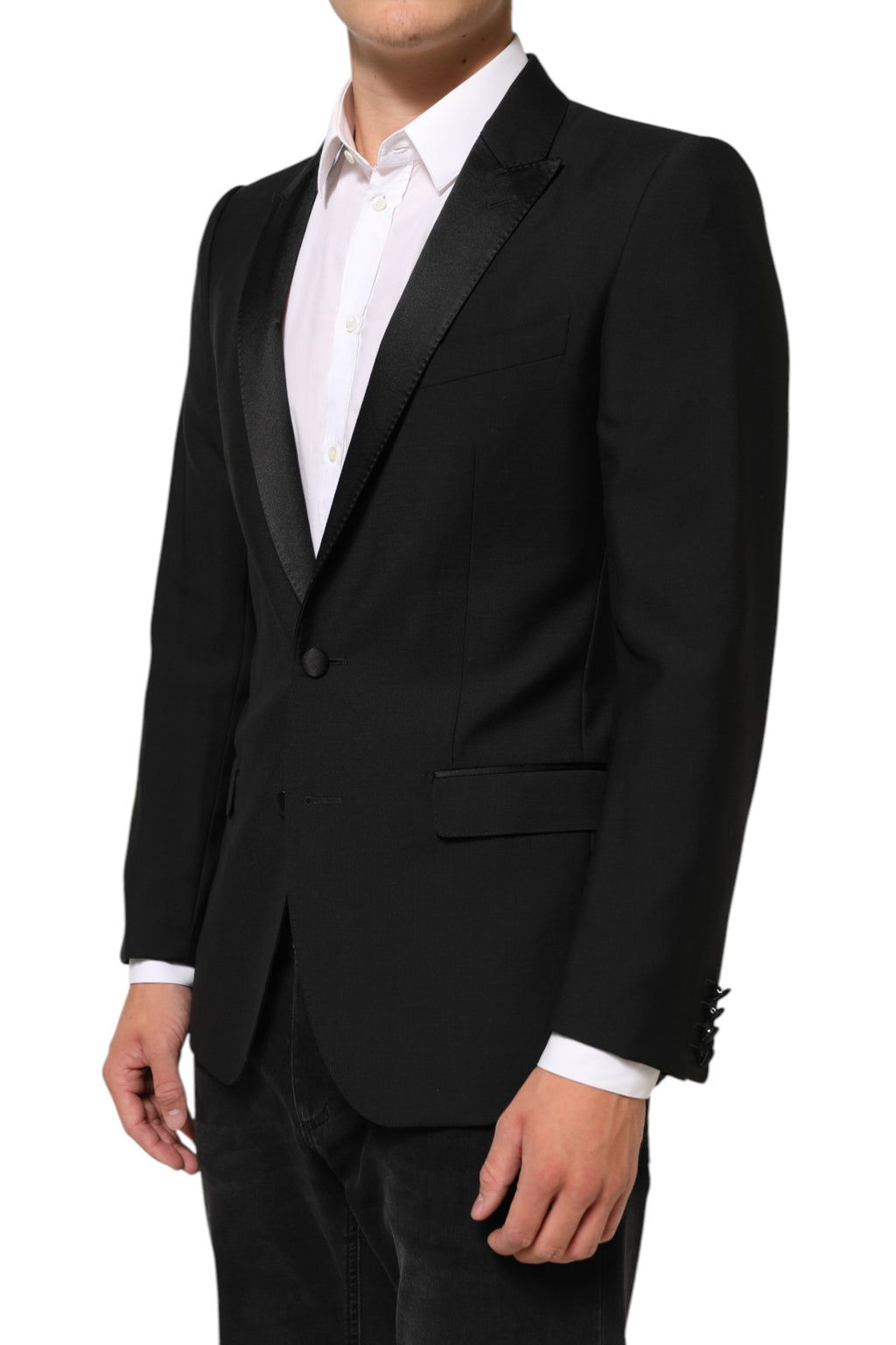 Veste blazer homme Dolce & Gabbana en laine noire Martini avec deux boutons, style élégant et sophistiqué.