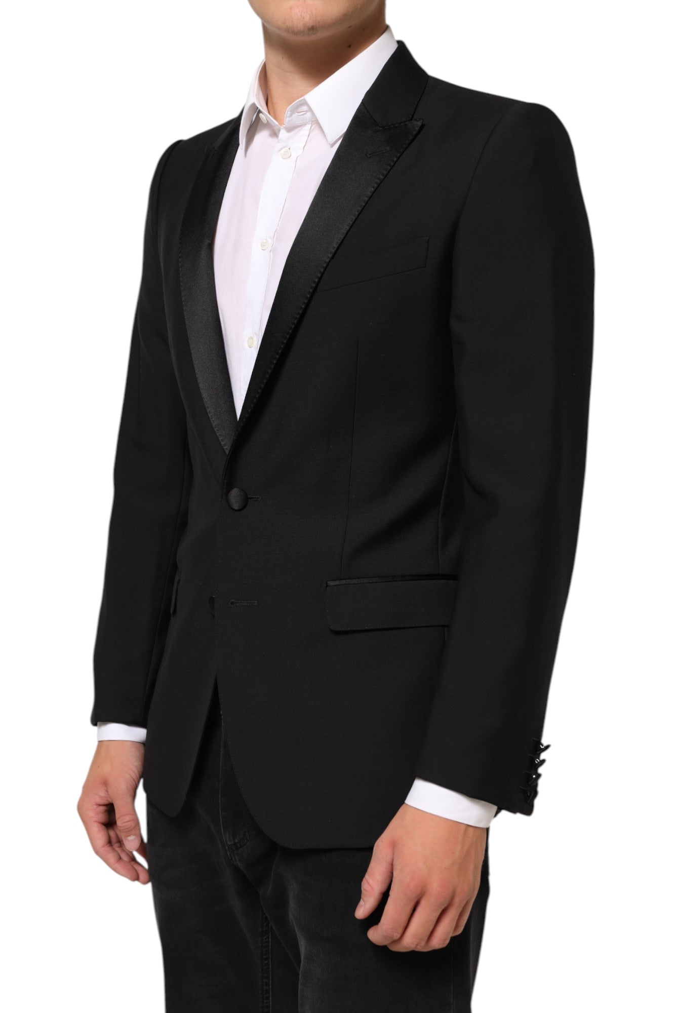Veste blazer homme Dolce & Gabbana en laine noire Martini avec deux boutons, style élégant et sophistiqué.