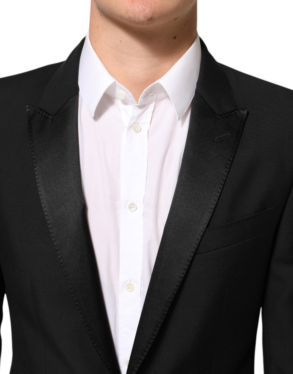 Costume pour homme Dolce & Gabbana en laine noire avec blazer à deux boutons Martini, élégant et classique.