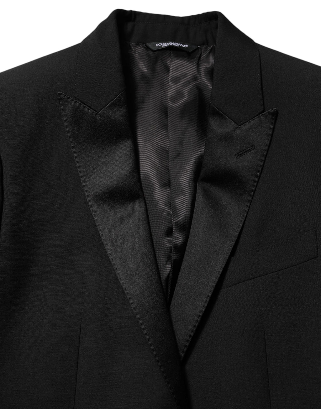 Costume homme Dolce & Gabbana en laine noire avec blazer à deux boutons Martini, élégant et sophistiqué.
