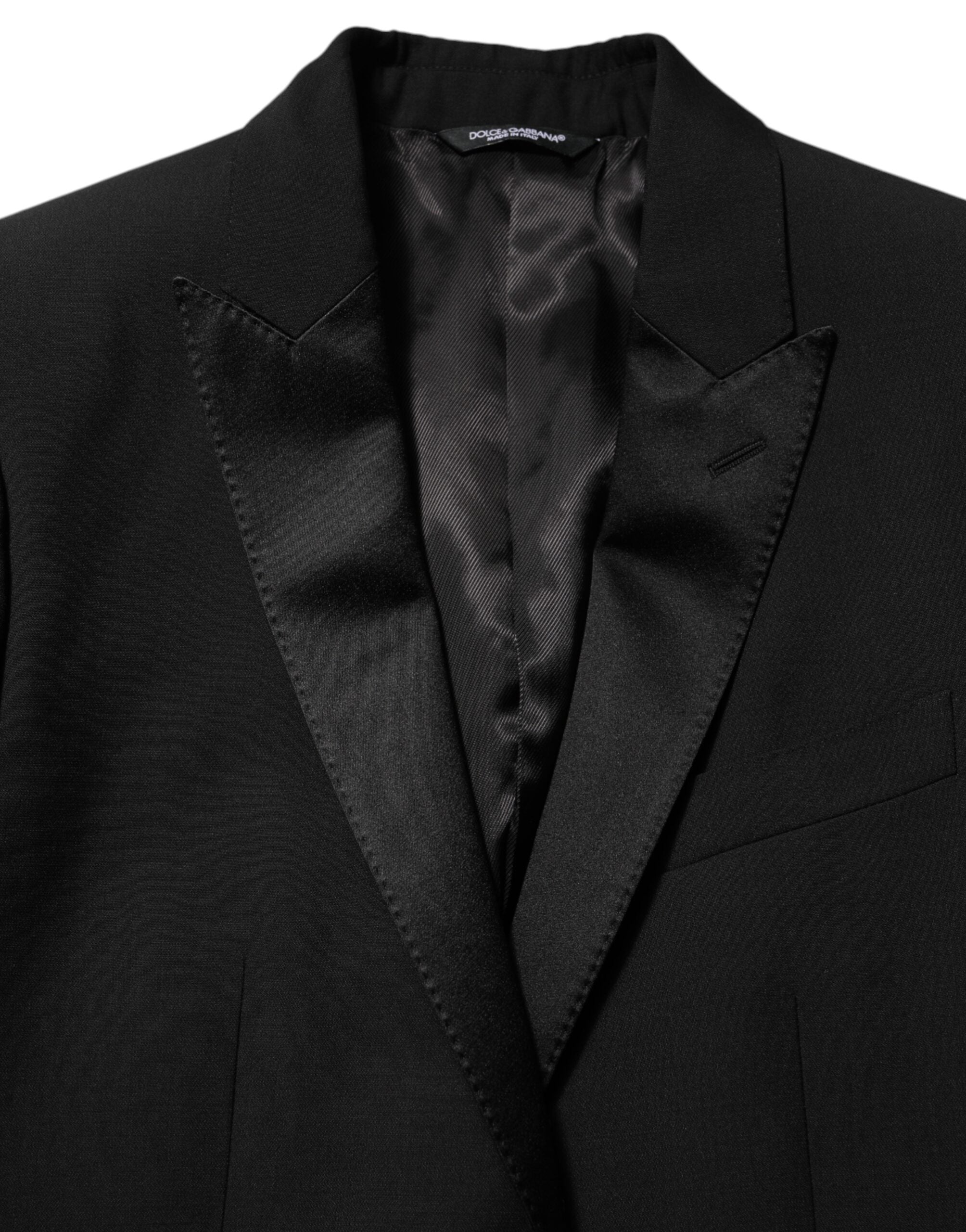 Costume homme Dolce & Gabbana en laine noire avec blazer à deux boutons Martini, élégant et sophistiqué.