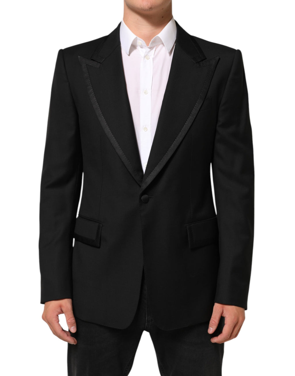 Veste blazer pour homme Dolce & Gabbana en laine noire avec un bouton, adaptée pour un look élégant et sophistiqué.