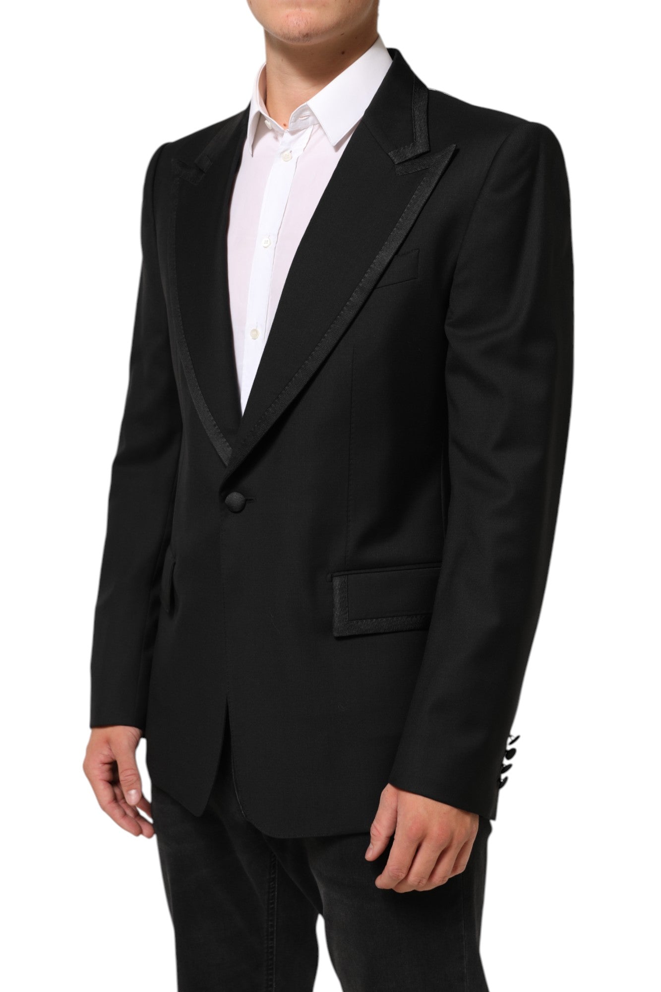 Veste blazer homme Dolce & Gabbana en laine noire à un bouton, style élégant et moderne.