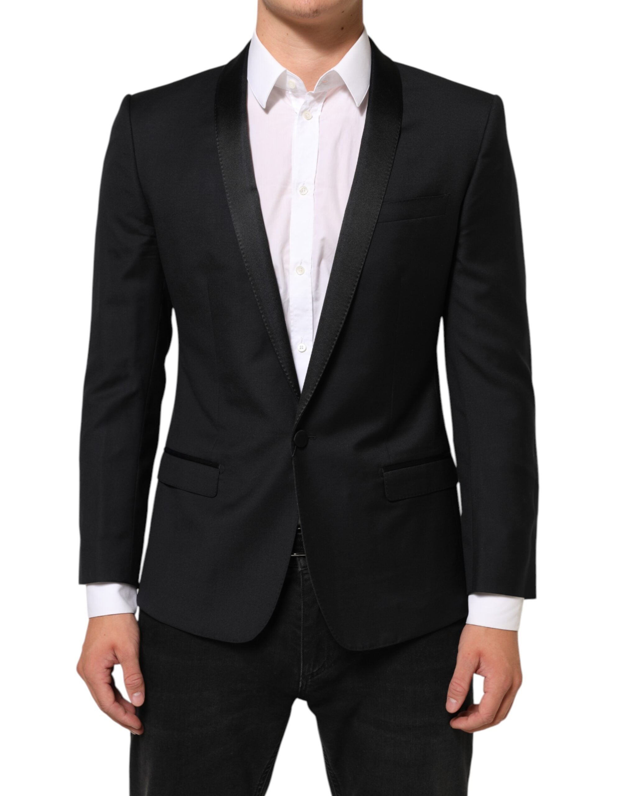 Veste blazer homme Dolce & Gabbana noire avec bouton doré et design élégant, costume chic en tissu de qualité.